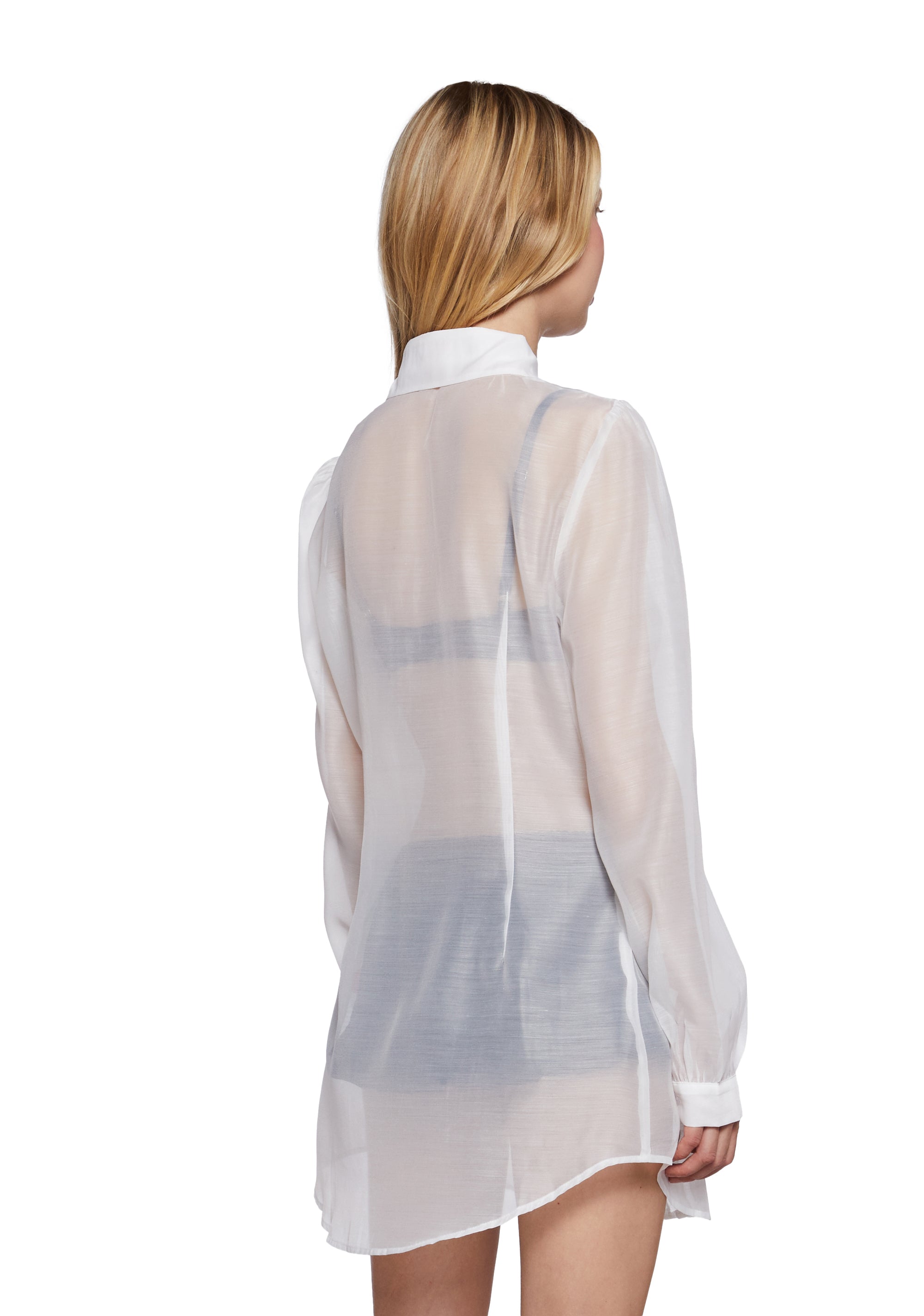 Sugar Thrillz Ruffle Trim Sheer Button Up Shirt - White