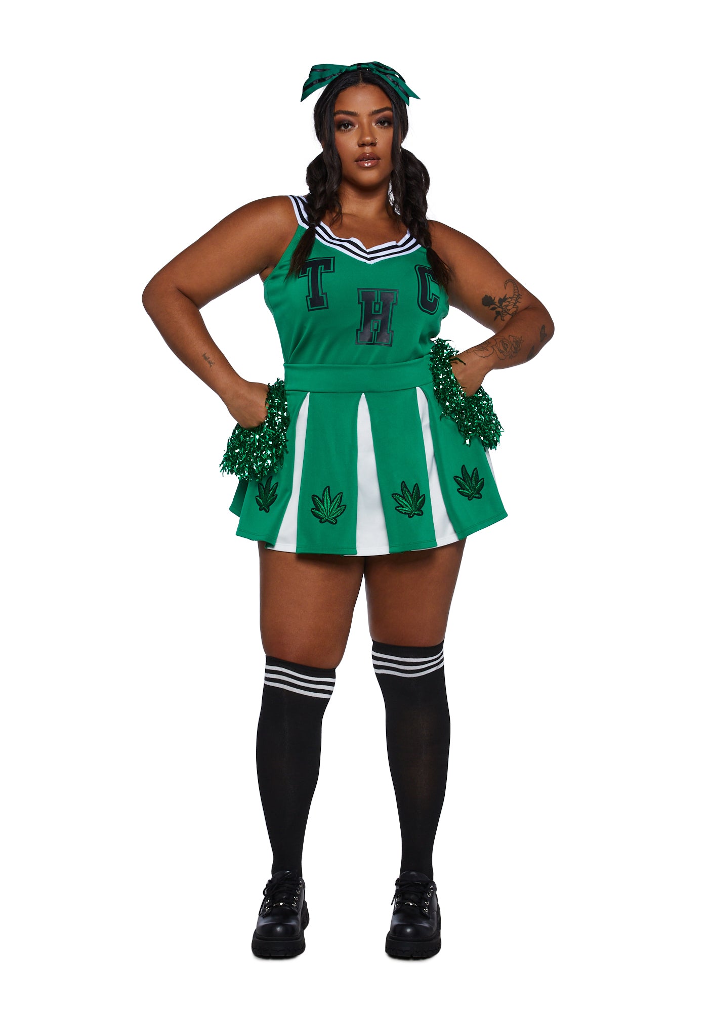 Stoner Cheerleader Plus Costume Set Sexy Womans Halloween - Green Green / 1X Stoner Cheerleader Plus Costume Set Sexy Womans Halloween - Green Green / 1X