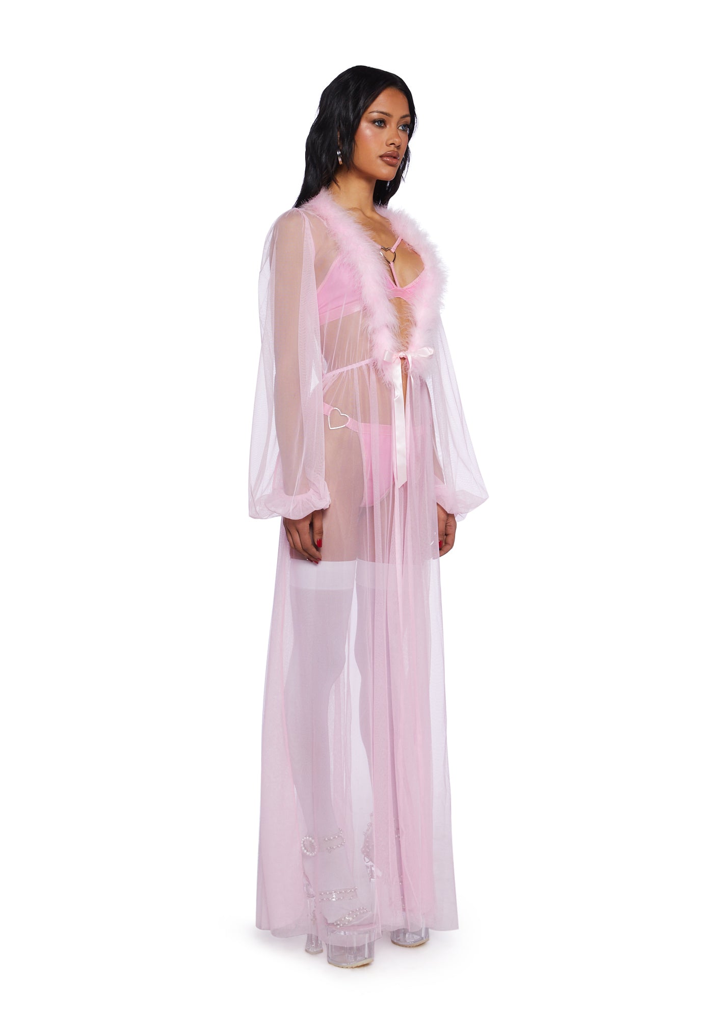 Sugar Thrillz Sheer Mesh Robe Maxi Marabou Feather Trim