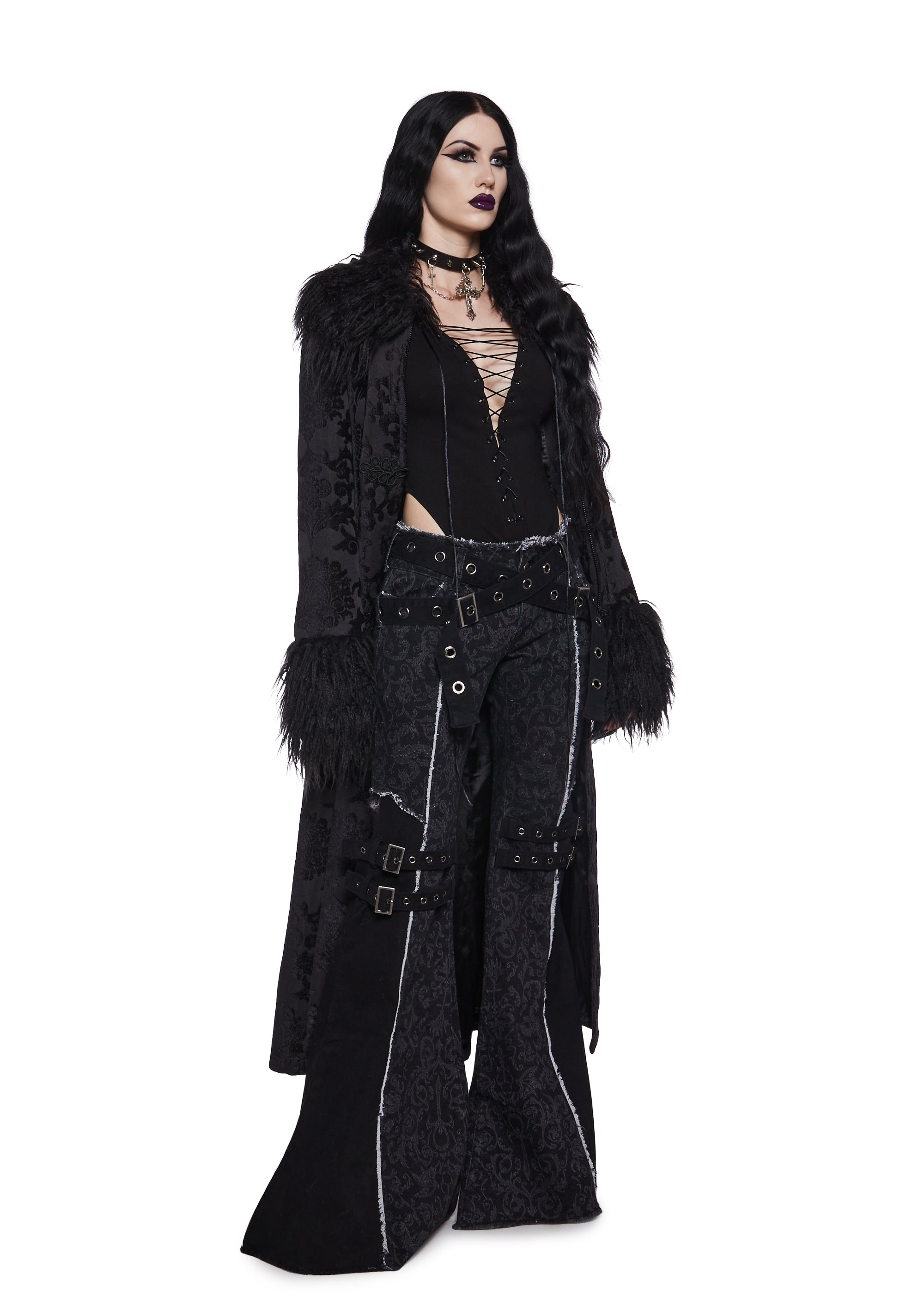 dolls kill ボディスーツ アシッド レースアップ body suit Darker Wavs Mesh And Jersey Bodysuit With Straps - Black