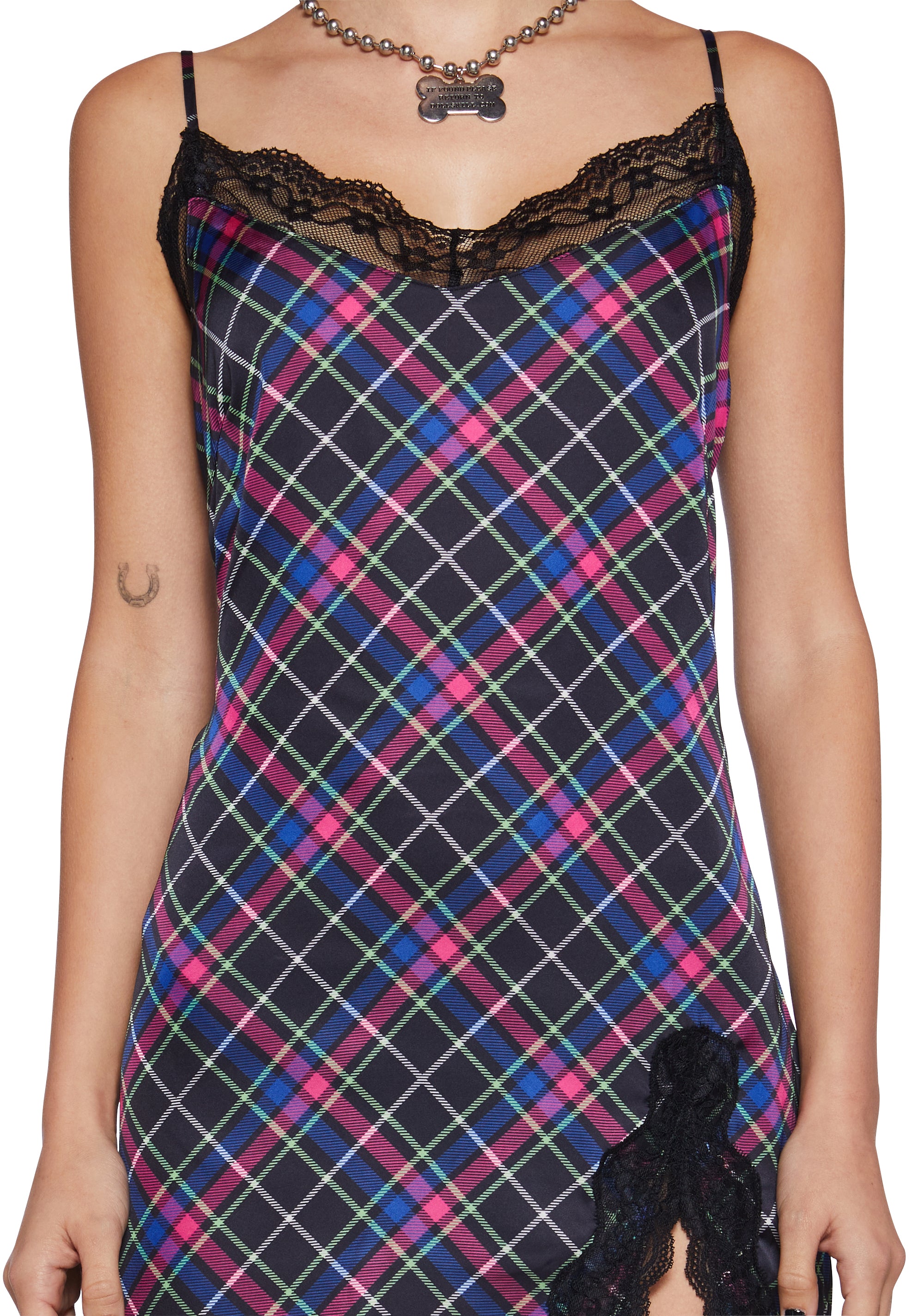 Current Mood Plaid Lace Slip Dress