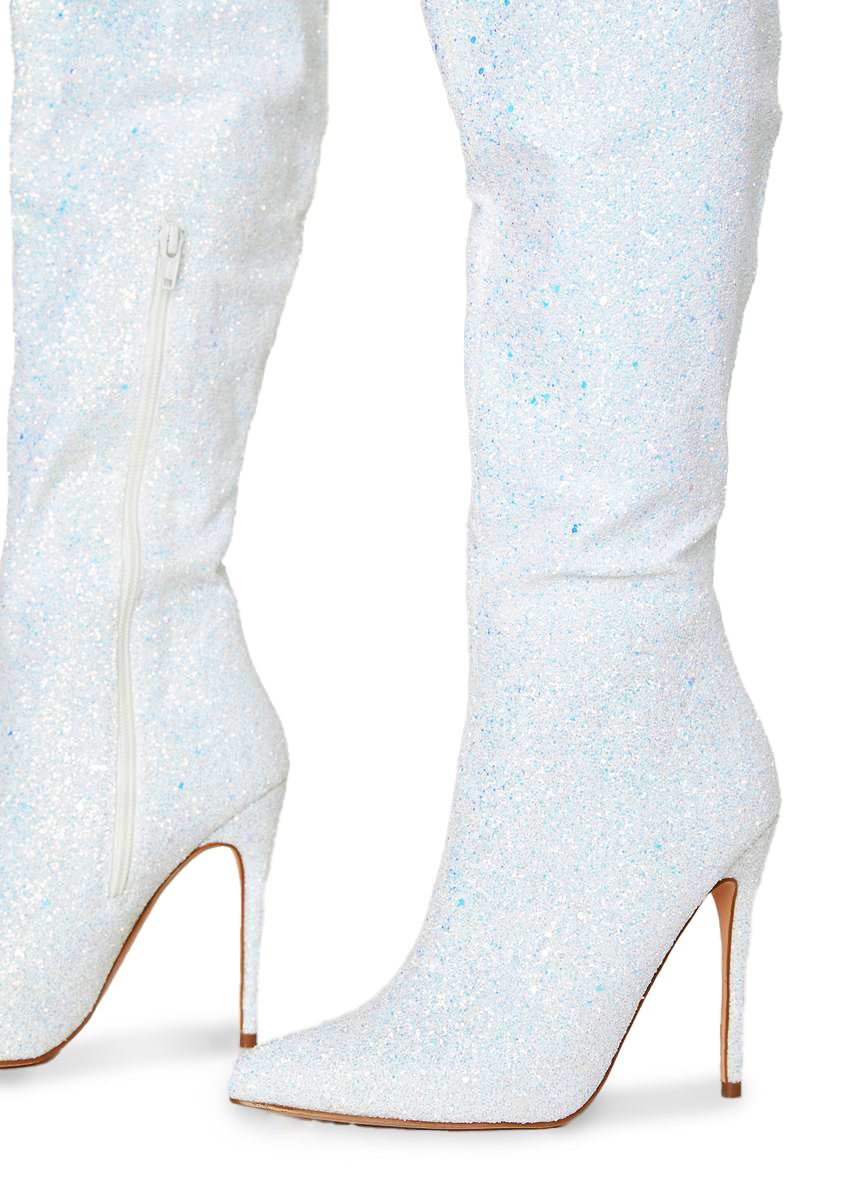 Pleaser Courtly 3015 Glitter Thigh High Boots Silver Holo Dolls Kill