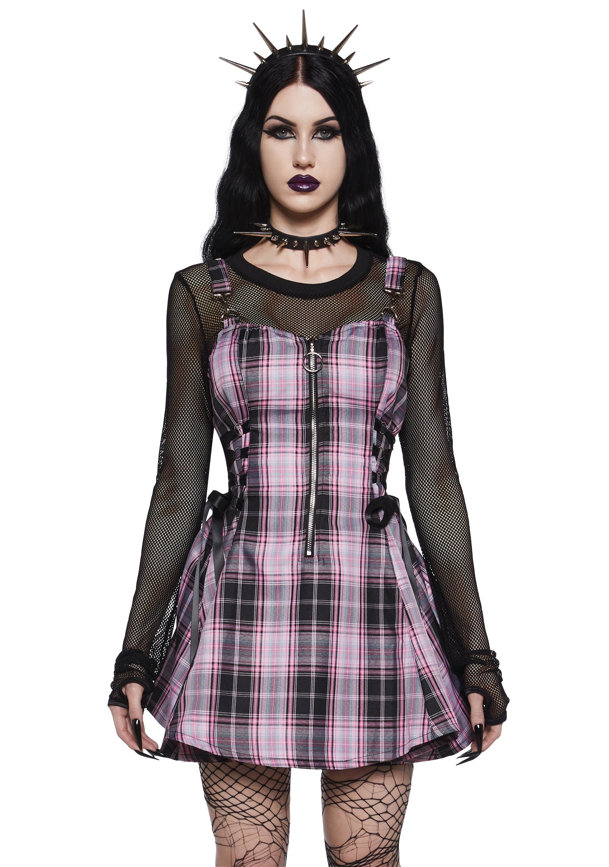chinese dress ladies Widow Plaid Lace-Up Sides Mini Dress