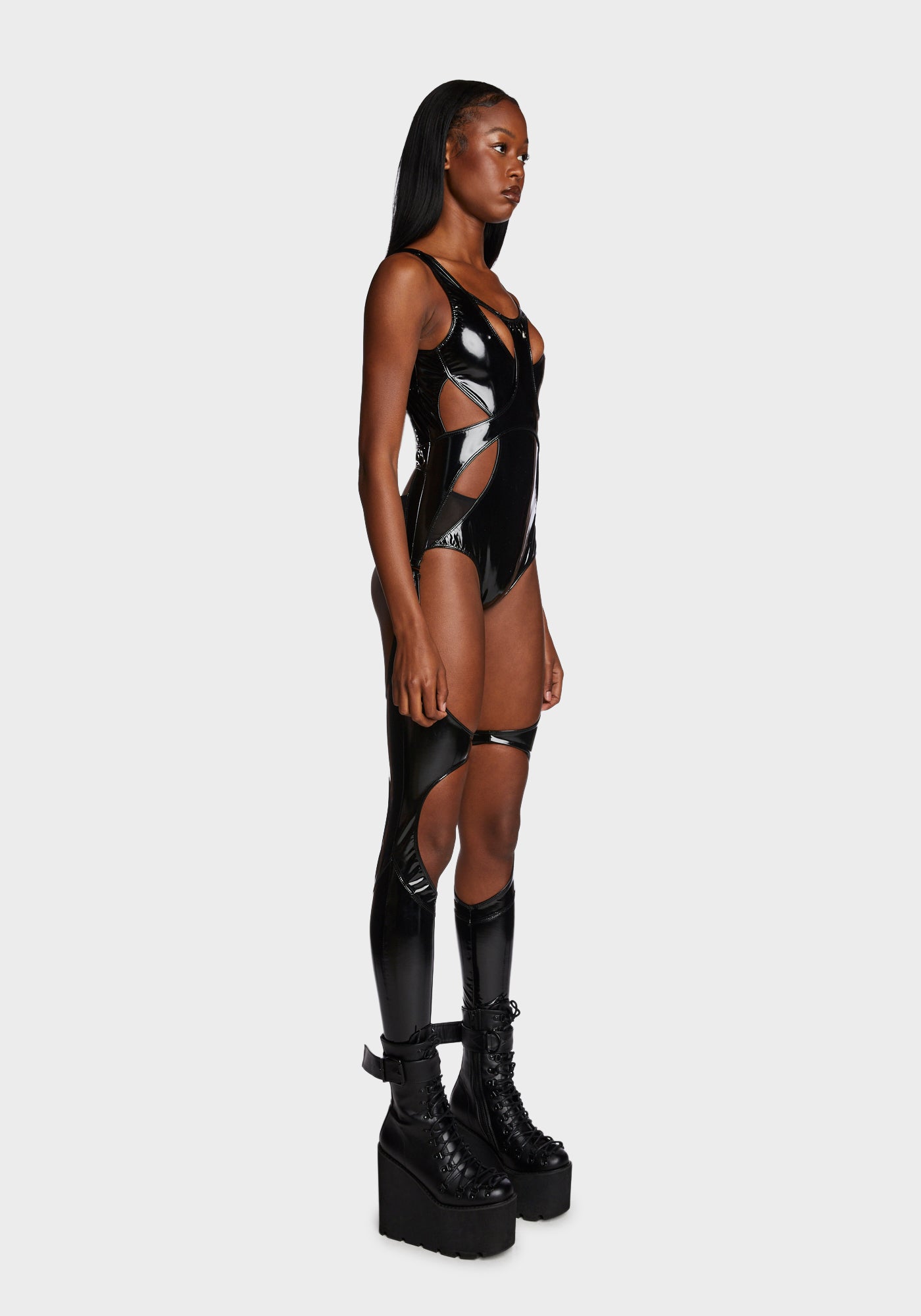 アイドル lunabox Club Exx Vinyl Fishnet Catsuit - Black – Dolls Kill