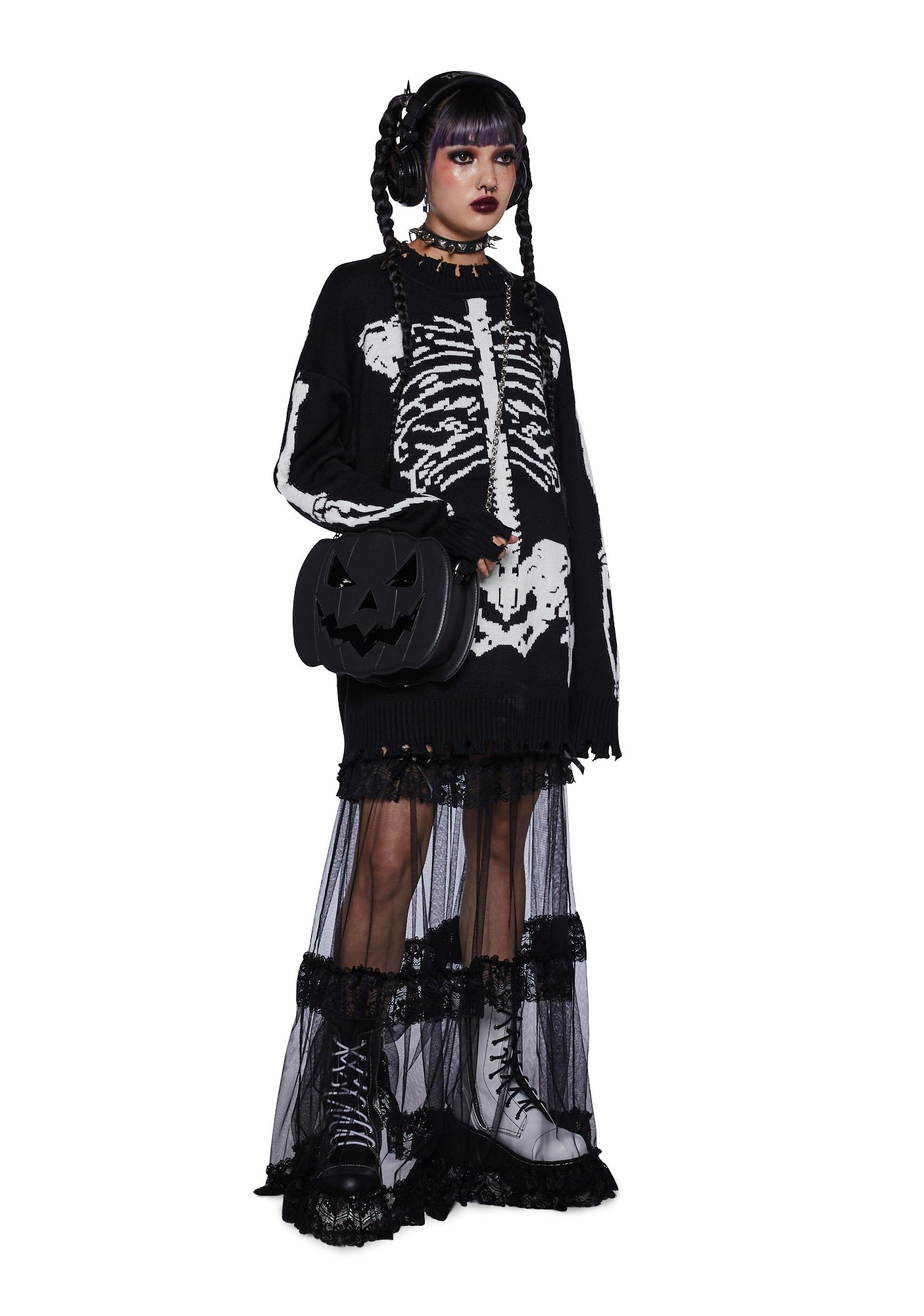 Trickz N' Treatz Skeleton Teddy Bear Oversized Sweater - Black – Dolls Kill