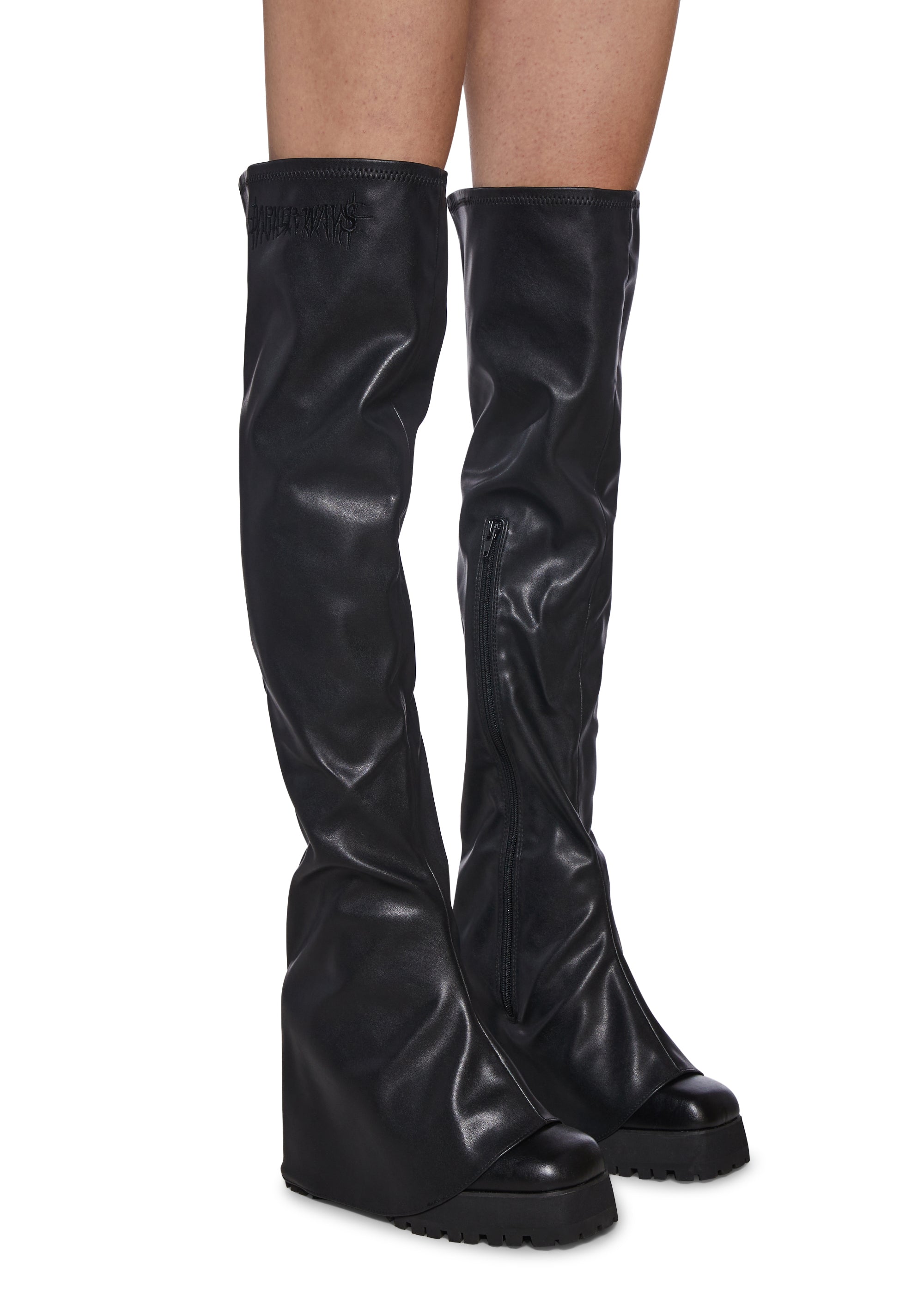 Darker Wavs Thigh High Pant Boots - Black Vegan Leather