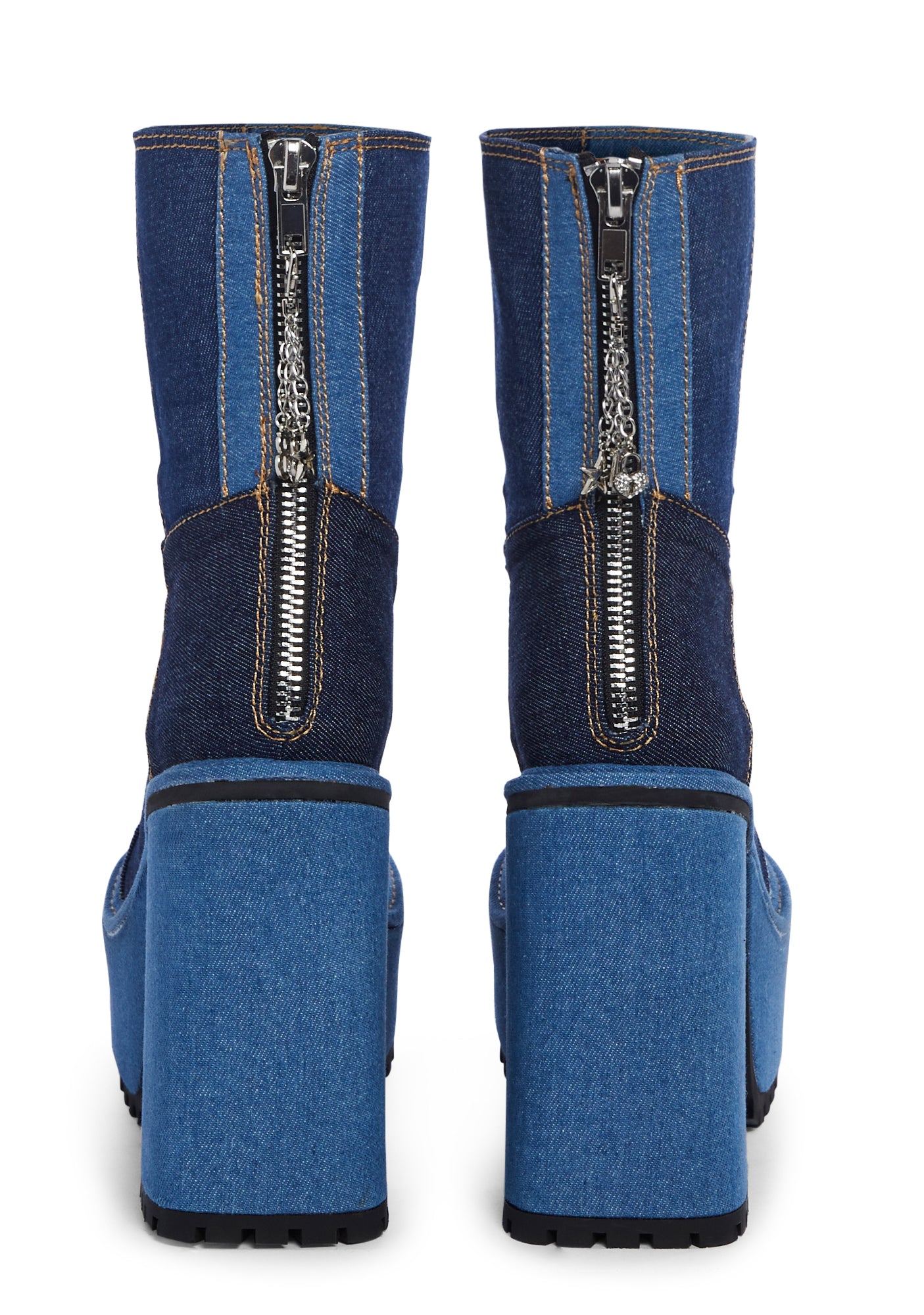 Dolls Kill x Bratz Patchwork Denim Platform Boots Blue