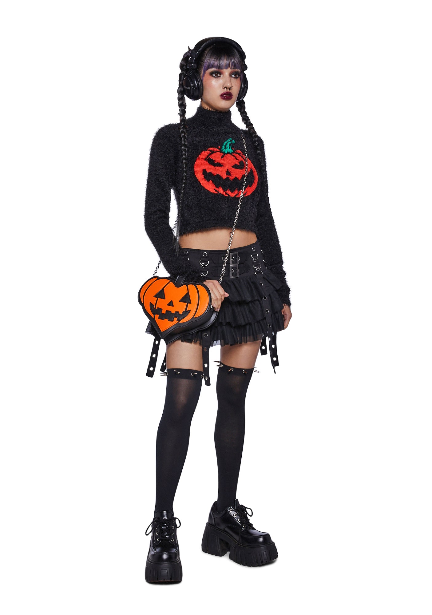 Trickz N Treatz Fuzzy Pumpkin Crop Sweater - Black – Dolls Kill