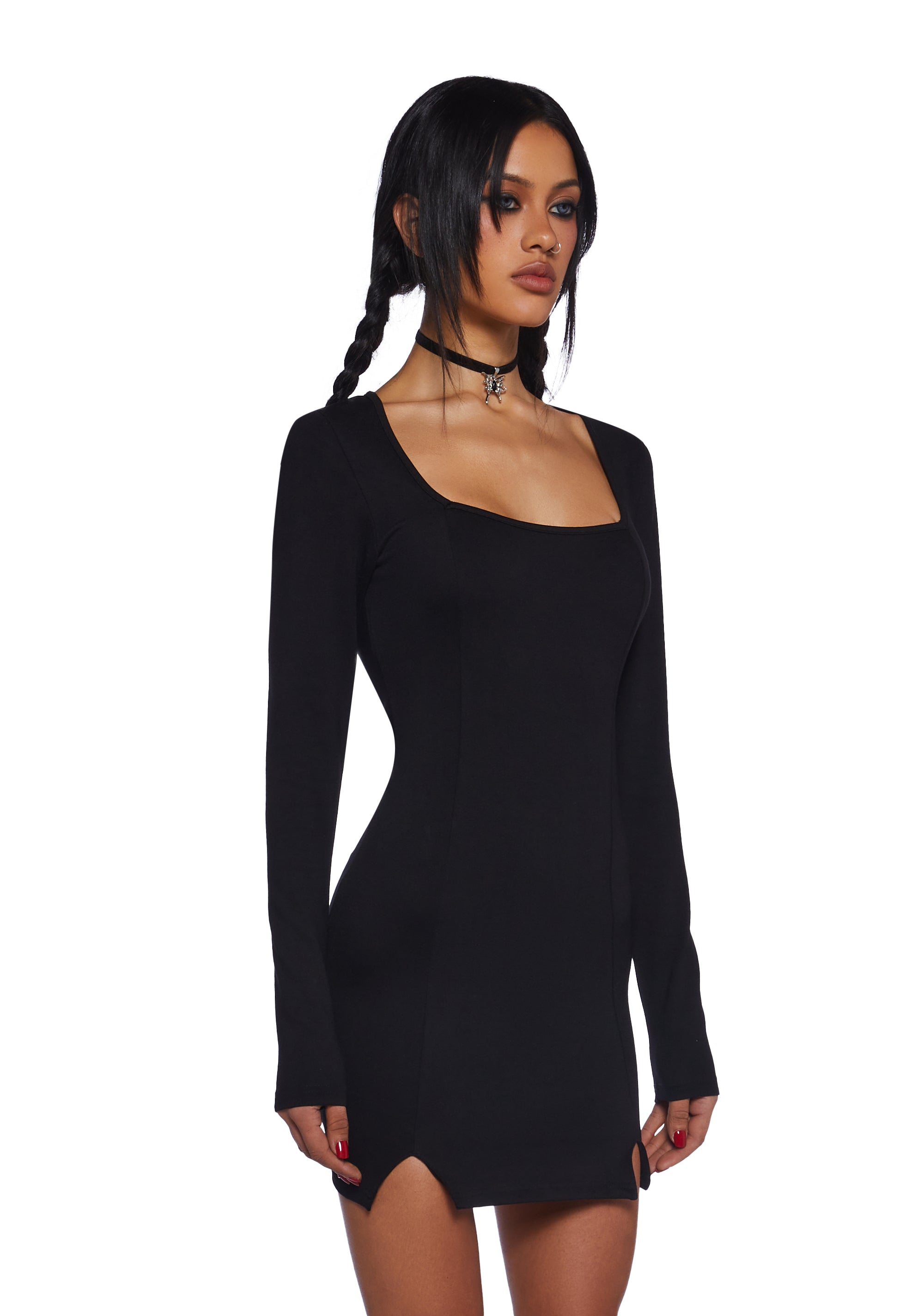 Delia's Square Neck Side Slit Mini Dress - Black – Dolls Kill