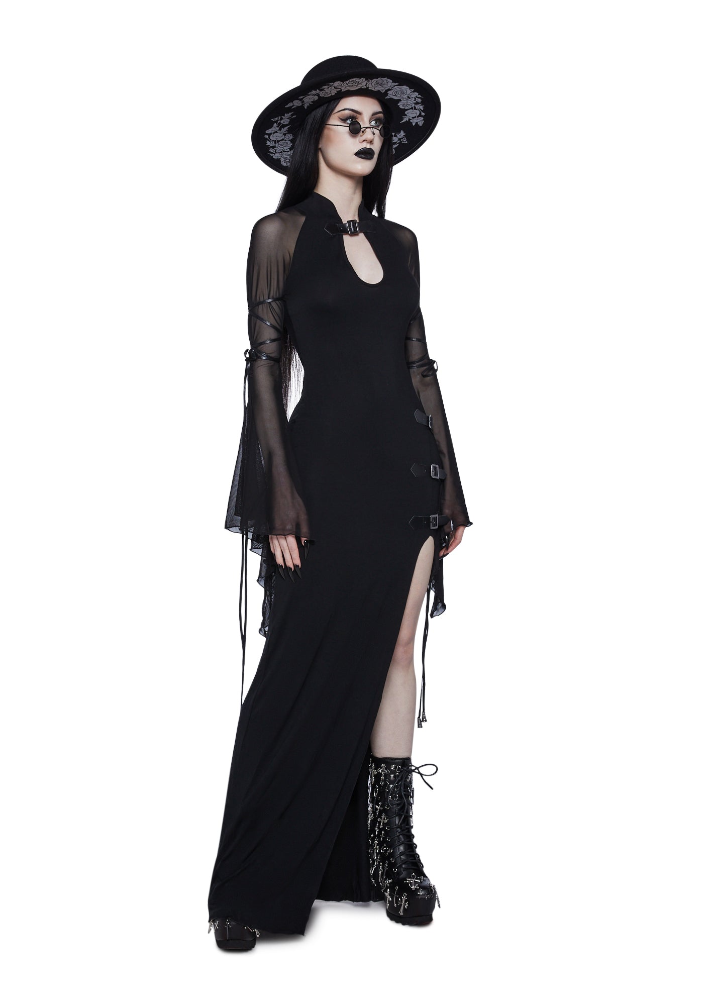 Widow Keyhole Bell Sleeve Maxi Dress With High Slit – Dolls Kill