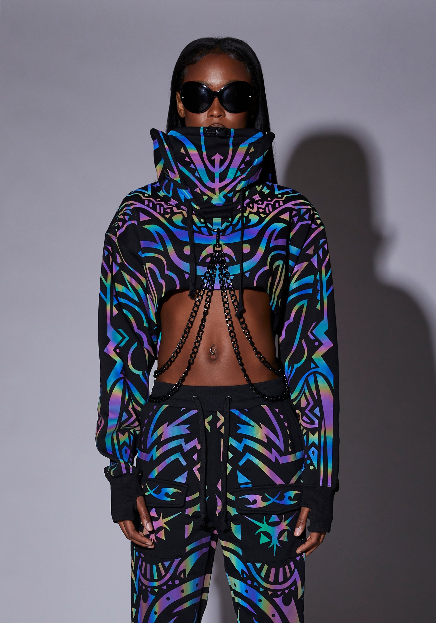 Club Exx Reflective Extreme Tattoo Print Chain Crop Hoodie