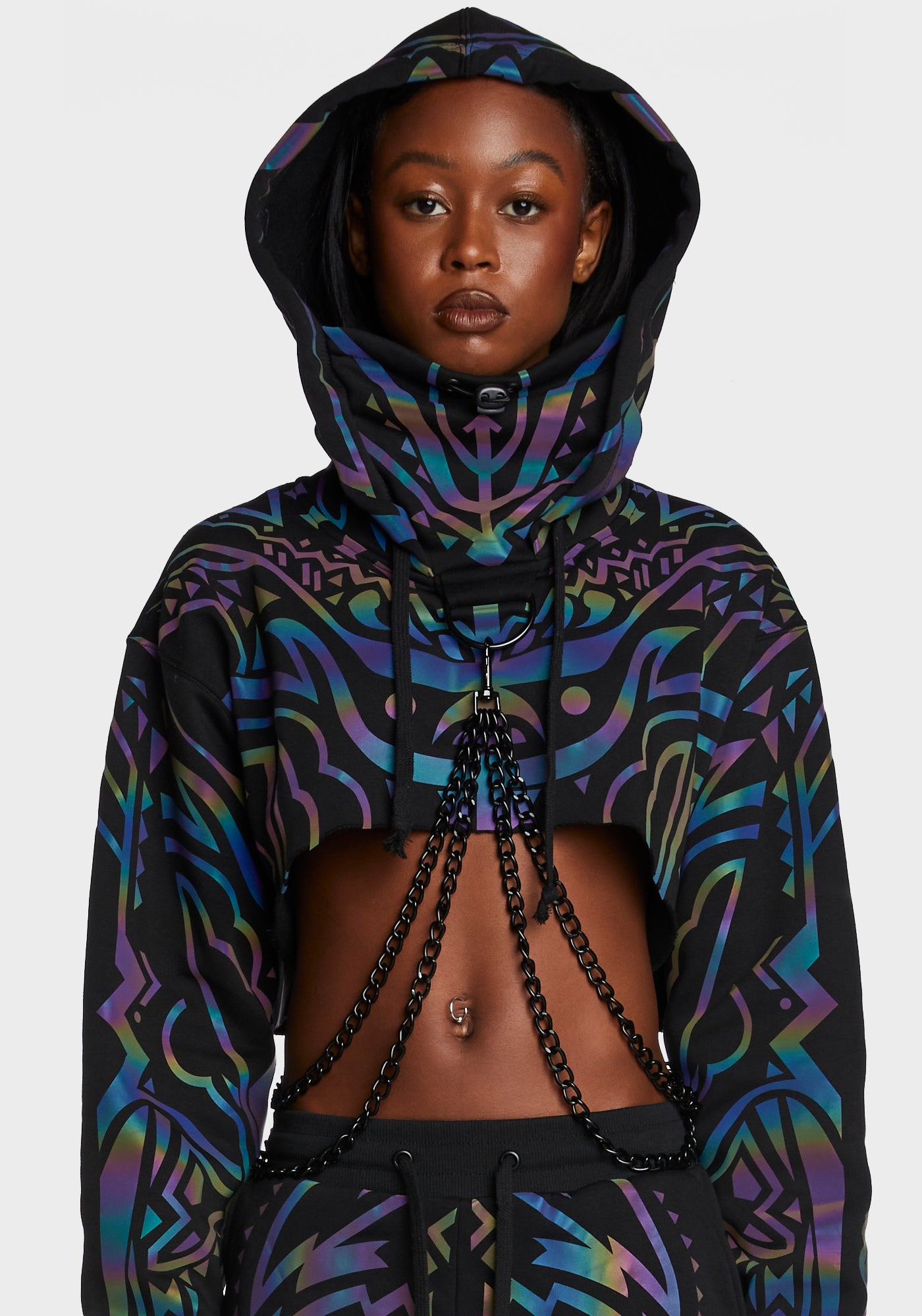 Club Exx Reflective Extreme Tattoo Print Chain Crop Hoodie - Black 
