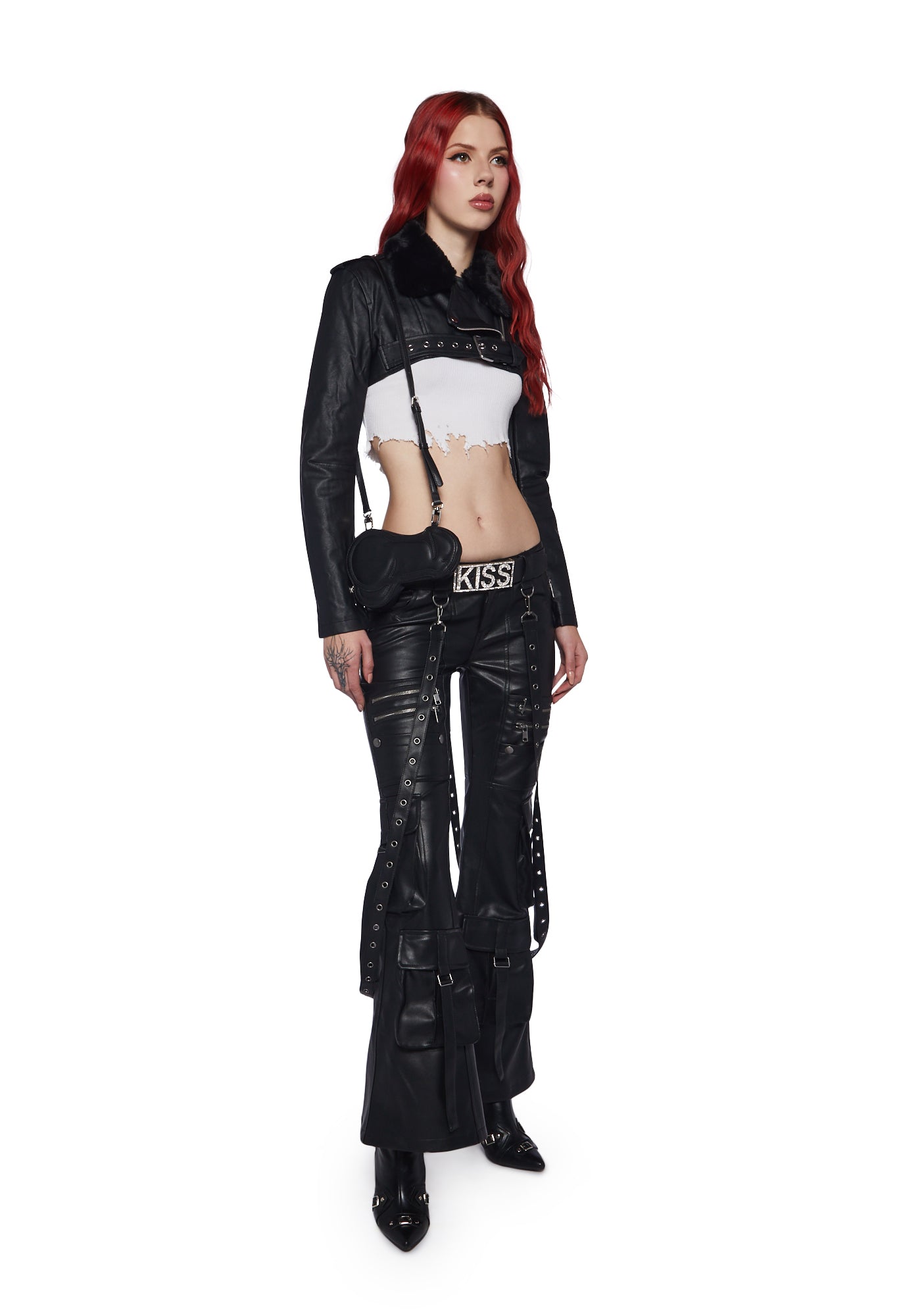 Poster Grl Vegan Leather Moto Jacket Shrug With Fur Collar