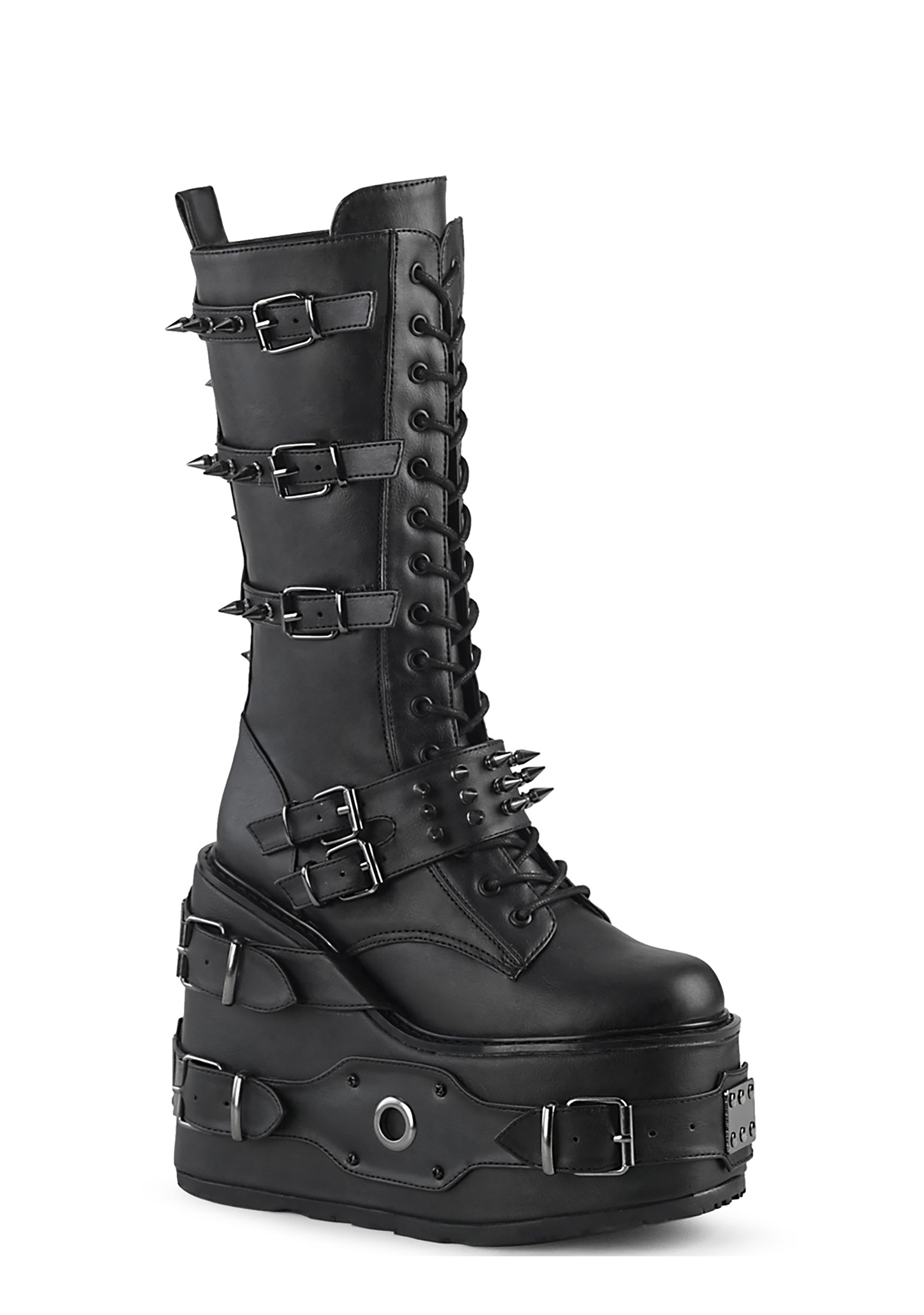 Demonia Swing-327 Spike Buckle Mid Calf Platform Boots