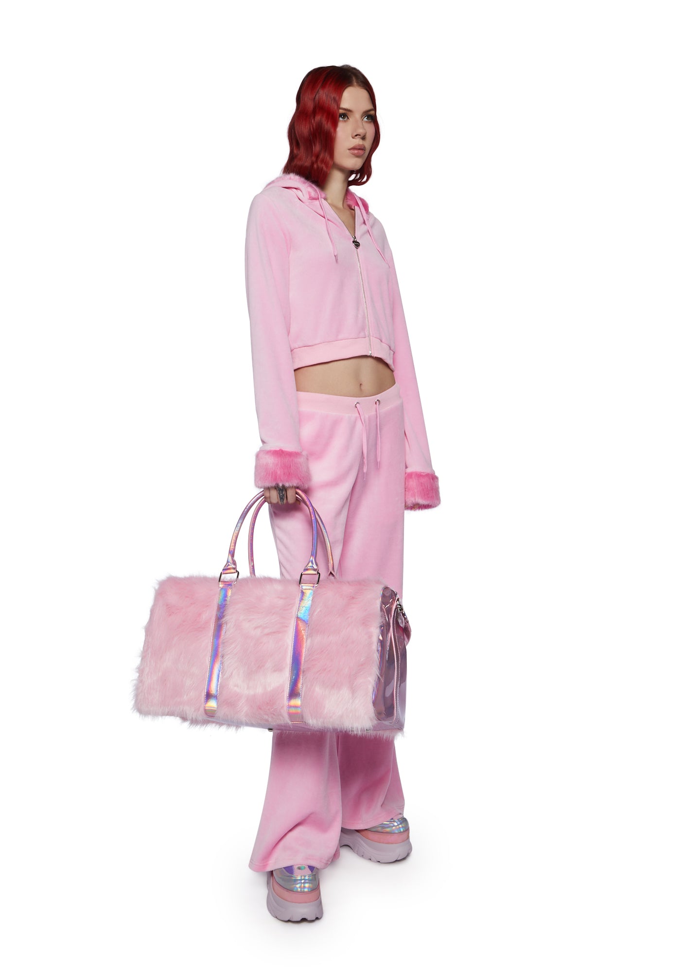 Pink faux fur weekender bag outlet