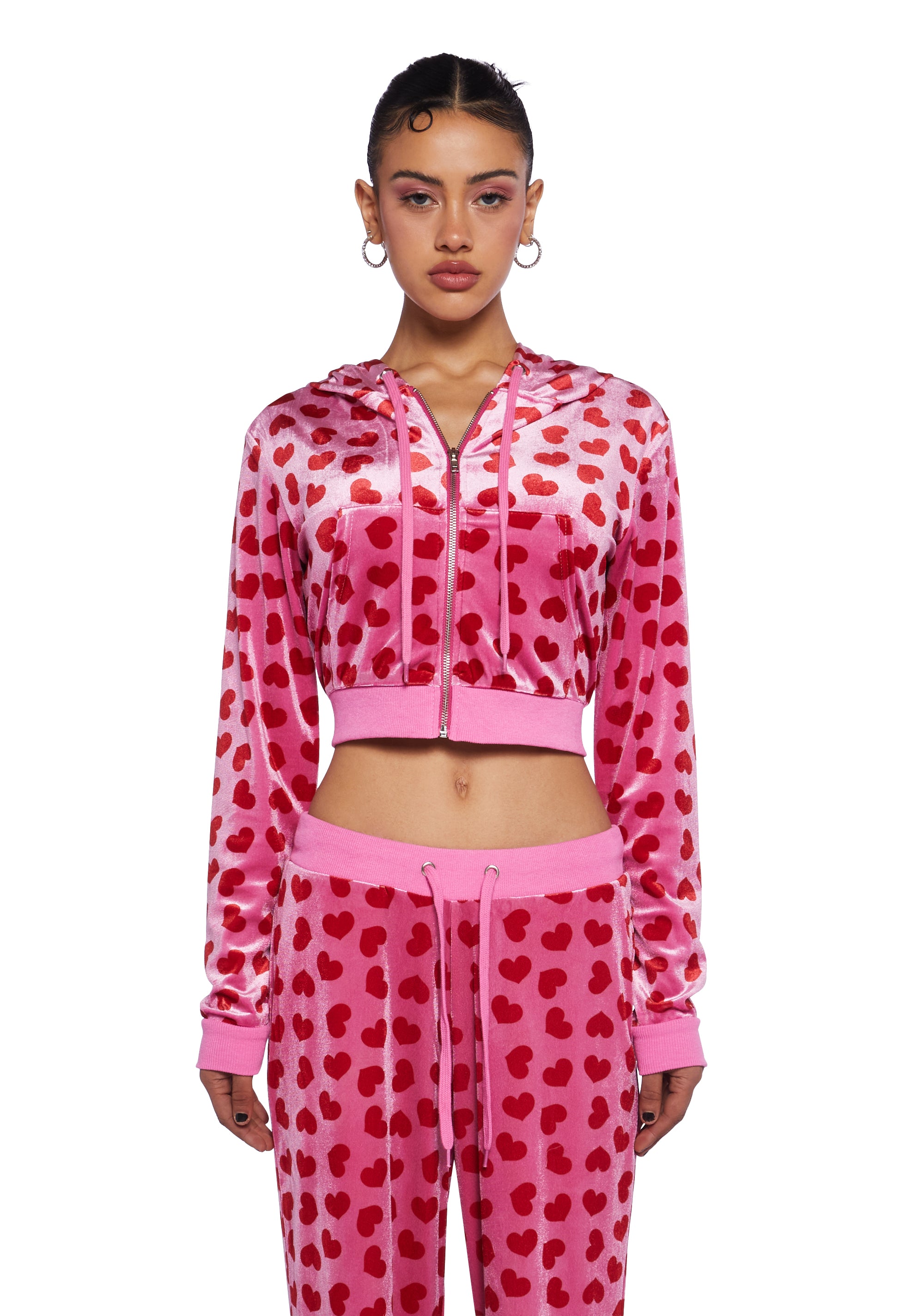 Sugar Thrillz Heart Print Velour Track Jacket - Pink/Red