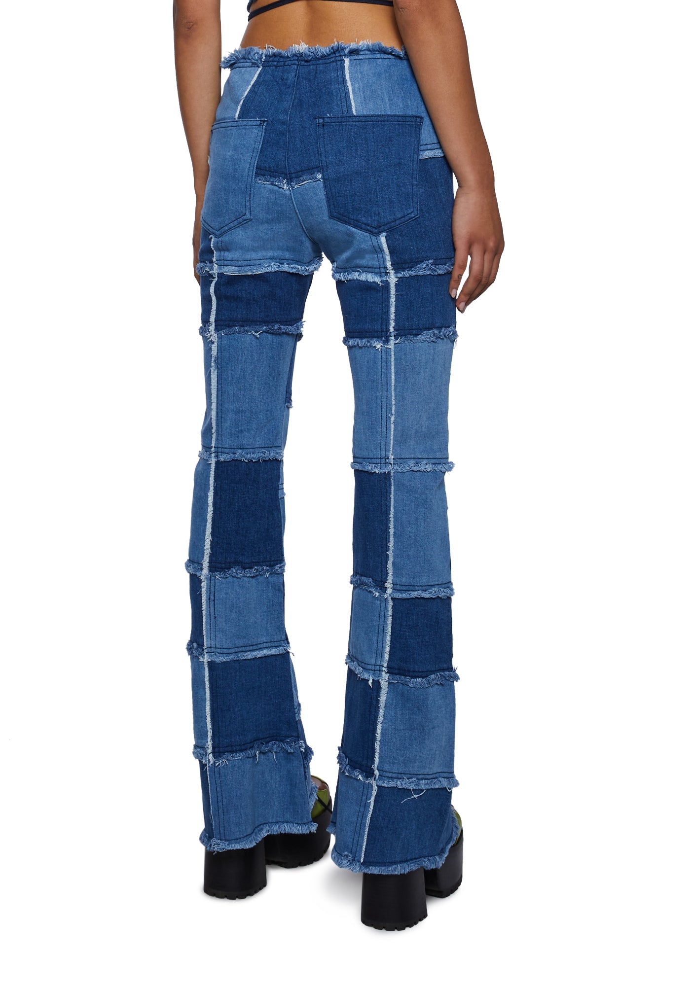 Delias Groovy Patchwork Raw Hem Flare Jeans - Blue – Dolls Kill Delias Groovy Patchwork Raw Hem Flare Jeans - Blue – Dolls Kill