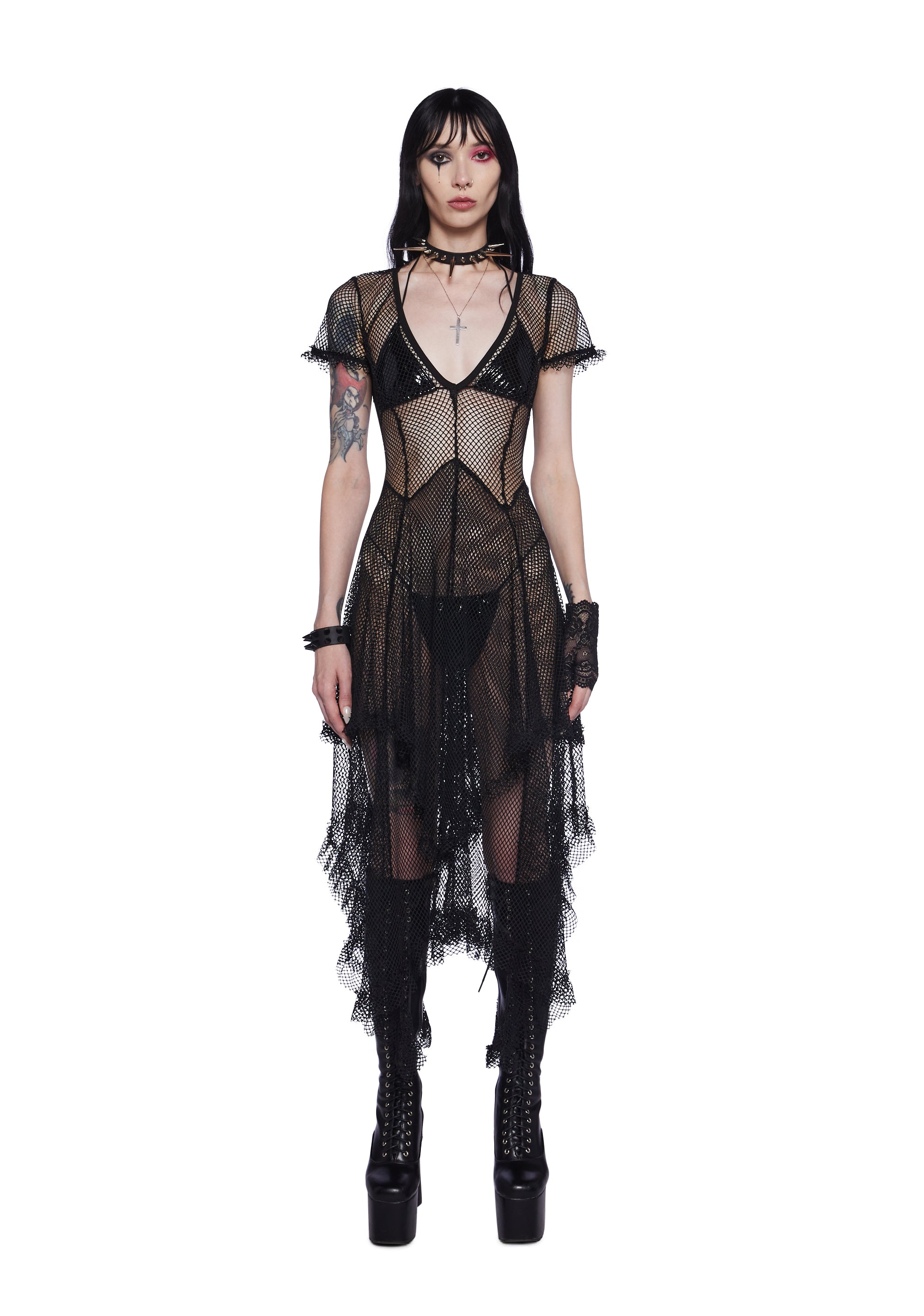 Widow Layered Sheer Fishnet Midi Dress