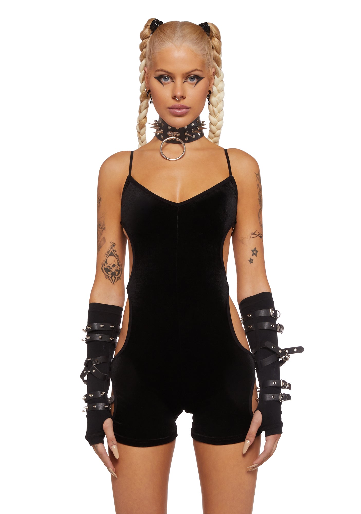 Club Exx Cutout Side O Ring Velour Romper Black Dolls Kill