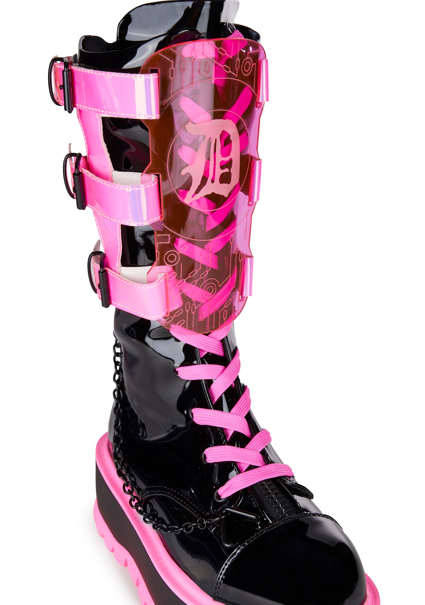 Demonia UV Reactive Shield Platform Combat Boots - Black/Pink