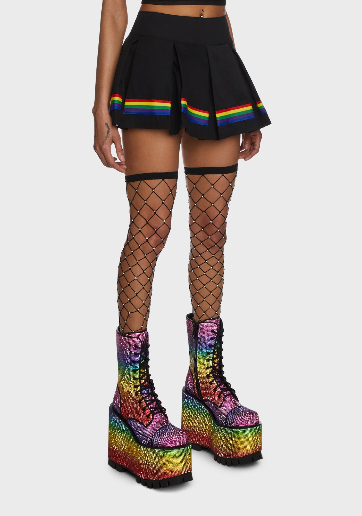 Club Exx Pleated Skirt With Rainbow Stripe Trim - Black