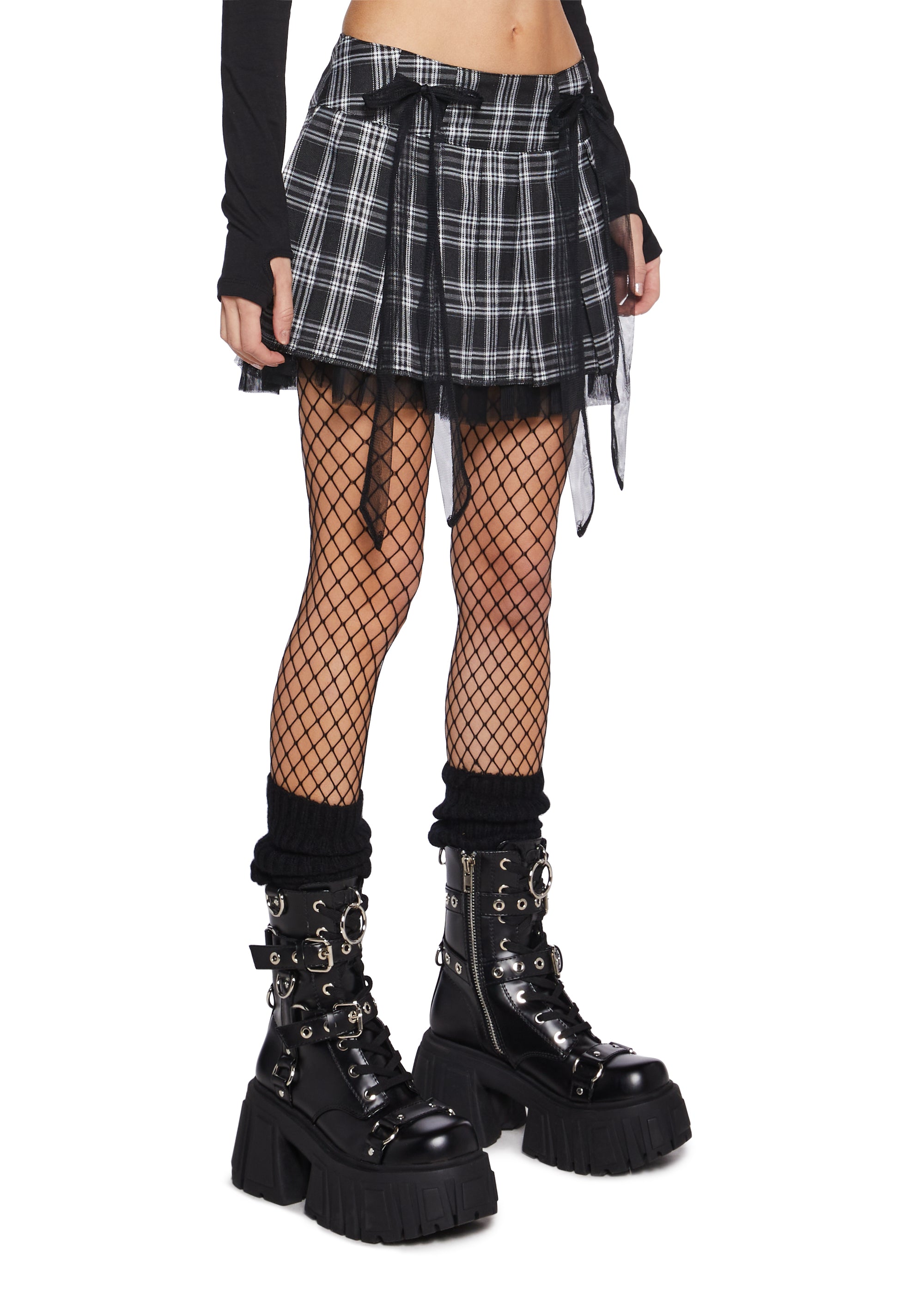 Current Mood Plaid Pleated Mini Skirt With Bows And Tulle Black
