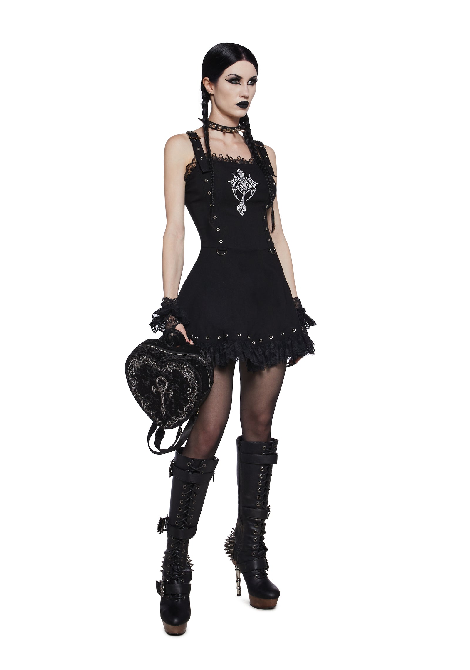 Widow Cross Embroidered Mini Dress With Eyelet Buckle Straps – Dolls Kill
