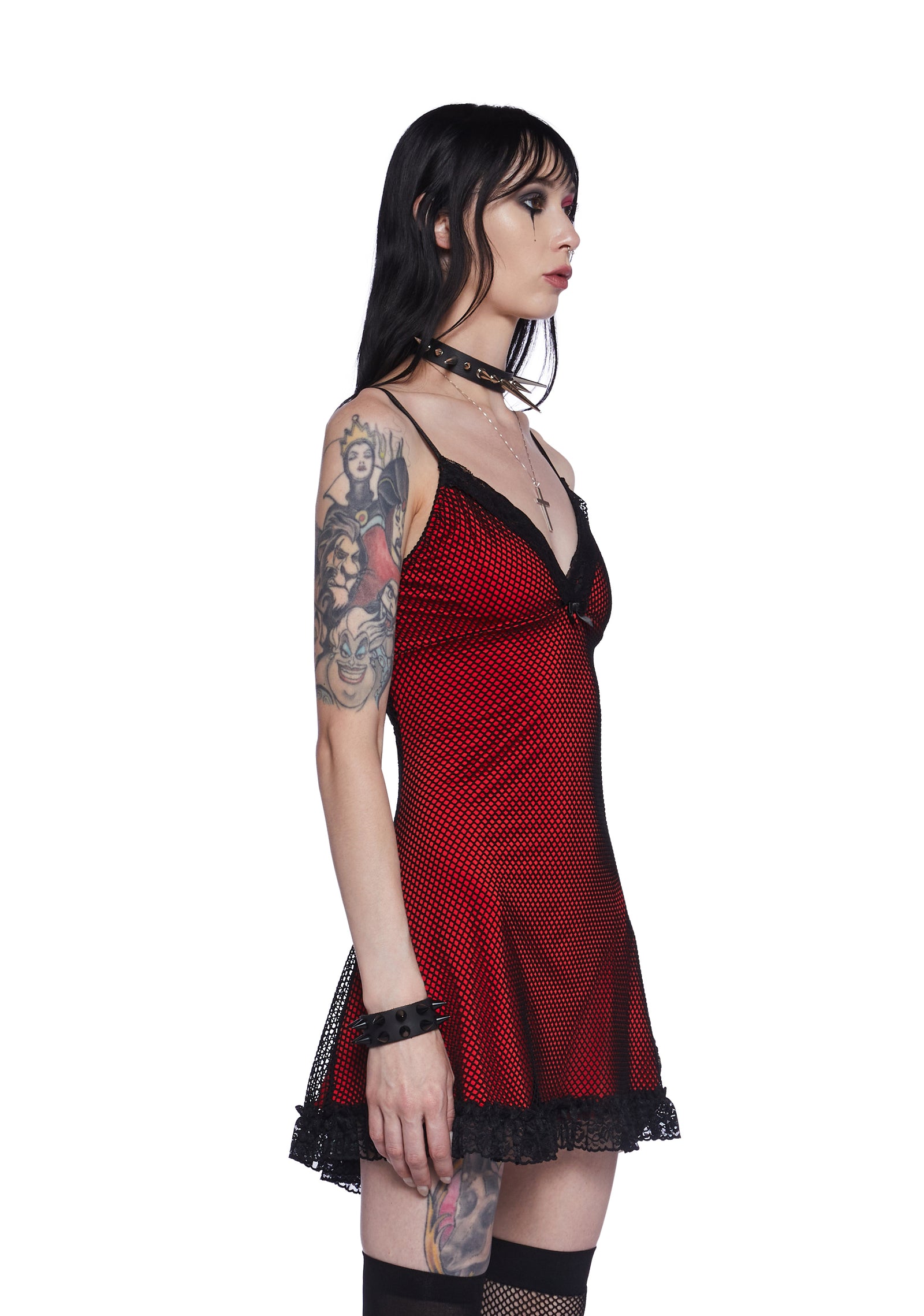 Widow Mall Goth Fishnet Lace Trim Mini Dress