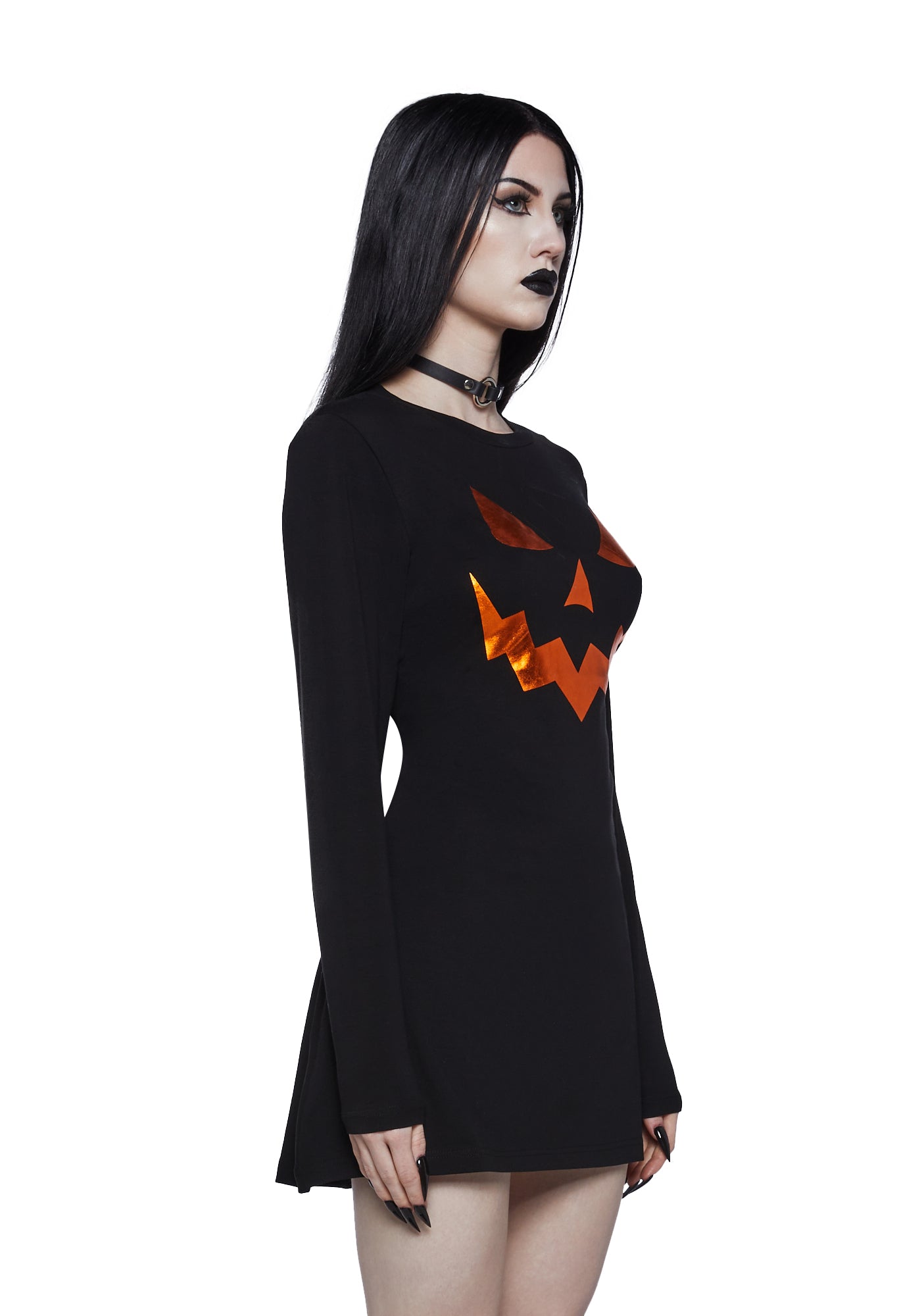 Trickz N Treatz Metallic Pumpkin Long Sleeve Mini Dress - Black