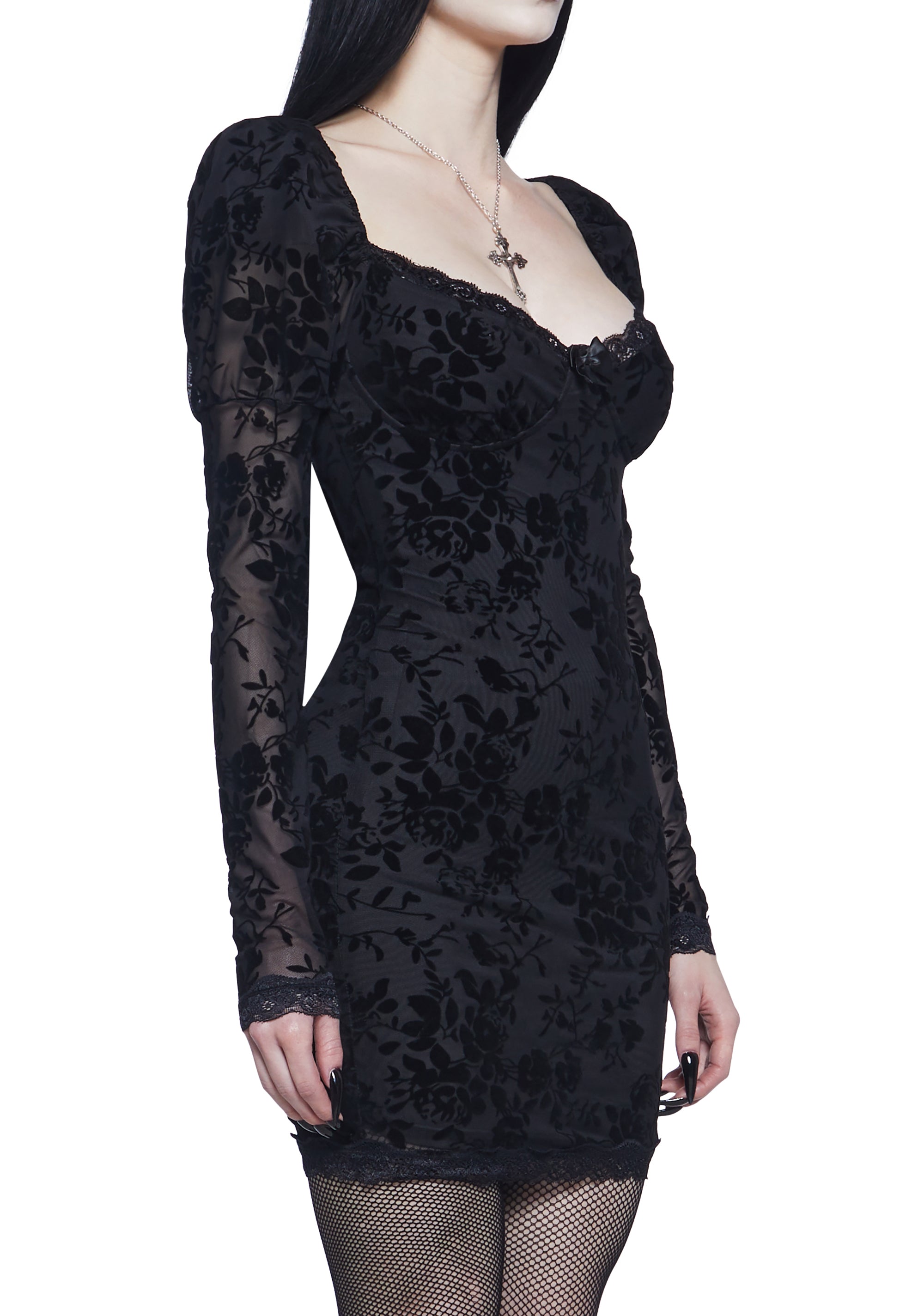 Widow Floral Mesh Long Sleeve Sweetheart Mini Dress  Dolls Kill