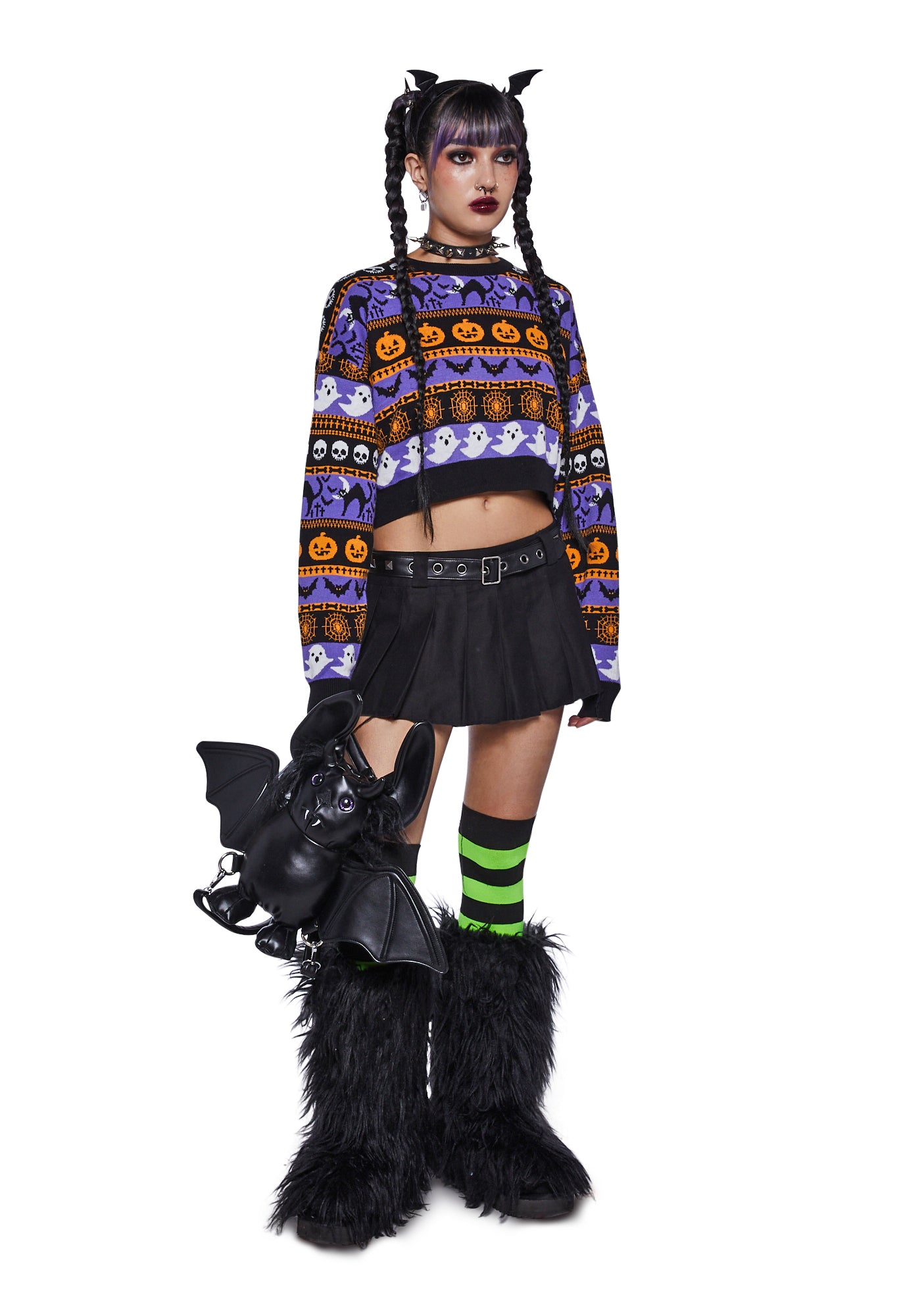 Trickz N Treatz Fairisle Crop Sweater - Purple/Orange/Black
