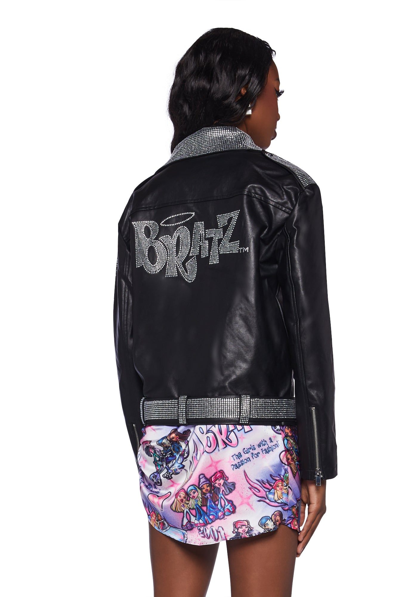Dolls Kill x Bratz Rhinestone Logo Moto Jacket - Black Dolls Kill x Bratz Rhinestone Logo Moto Jacket - Black