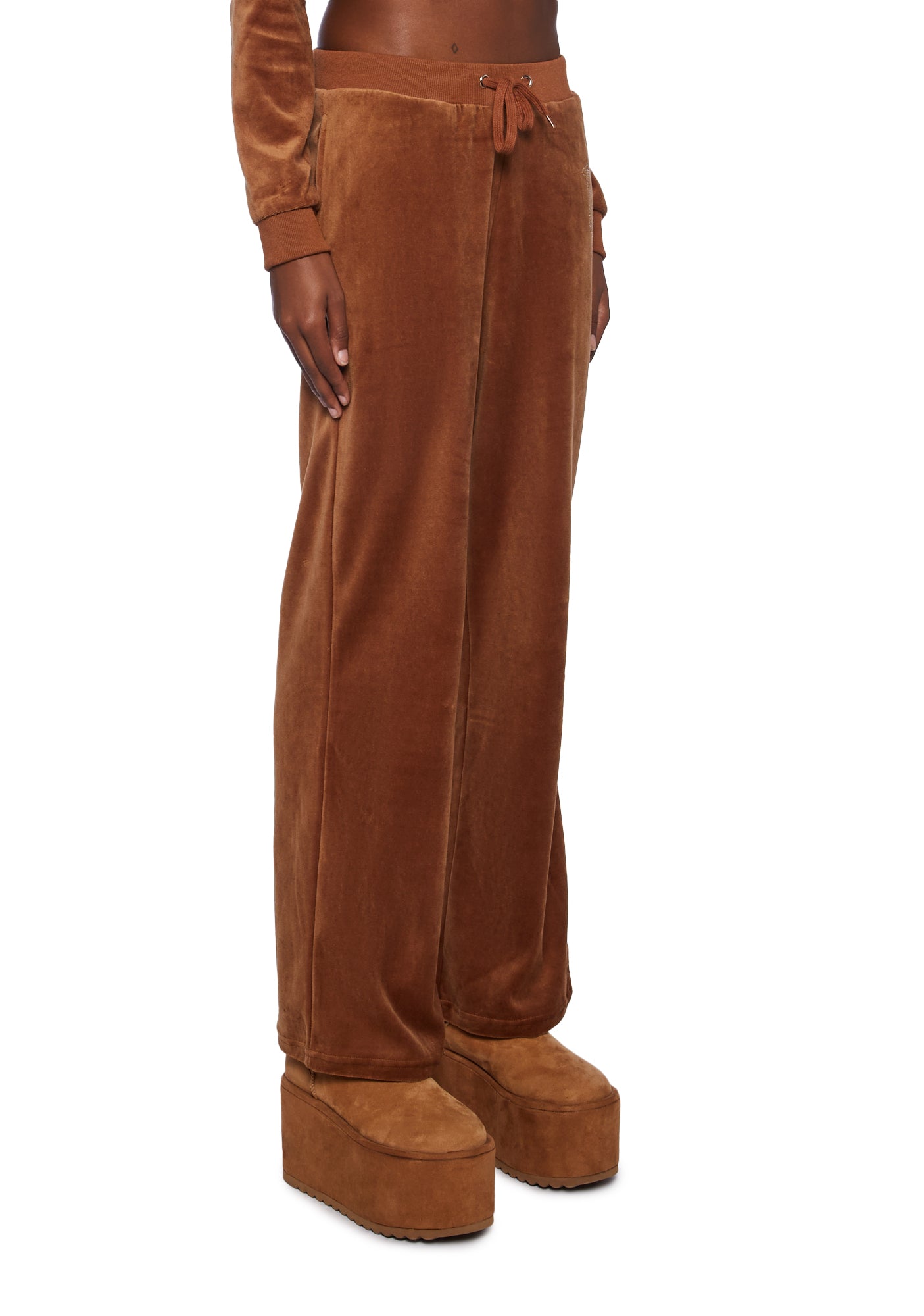 Dolls Kill x Bratz Rhinestone Logo Velour Track Pants - Brown