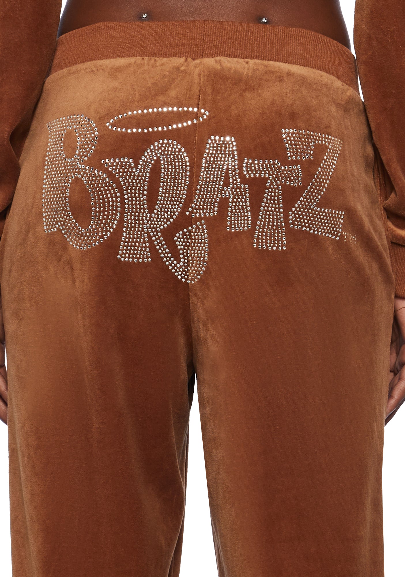Dolls Kill x Bratz Rhinestone Logo Velour Track Pants - Brown