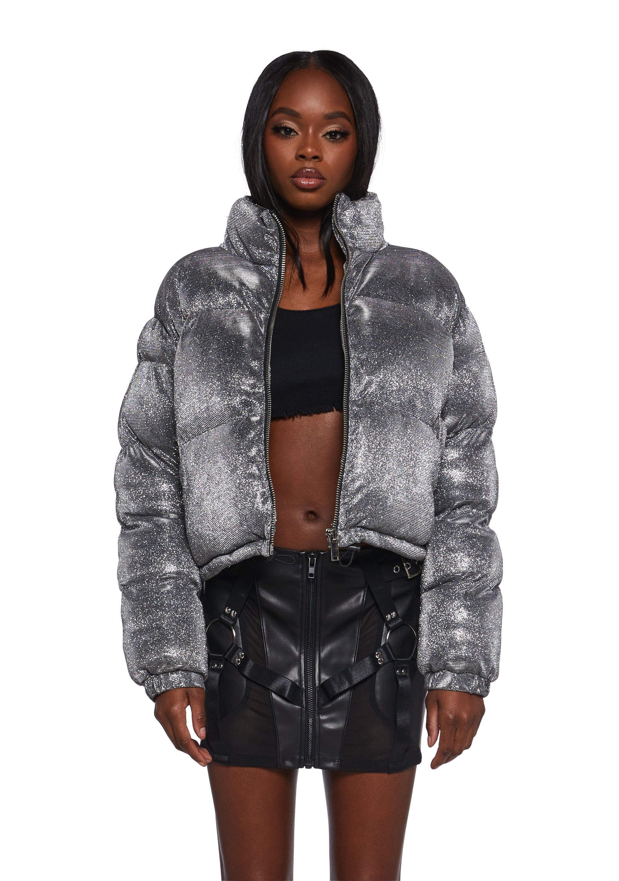 Crop Puffer Girls Silver Puffer Jacket Poster Girl Sparkly Cropped