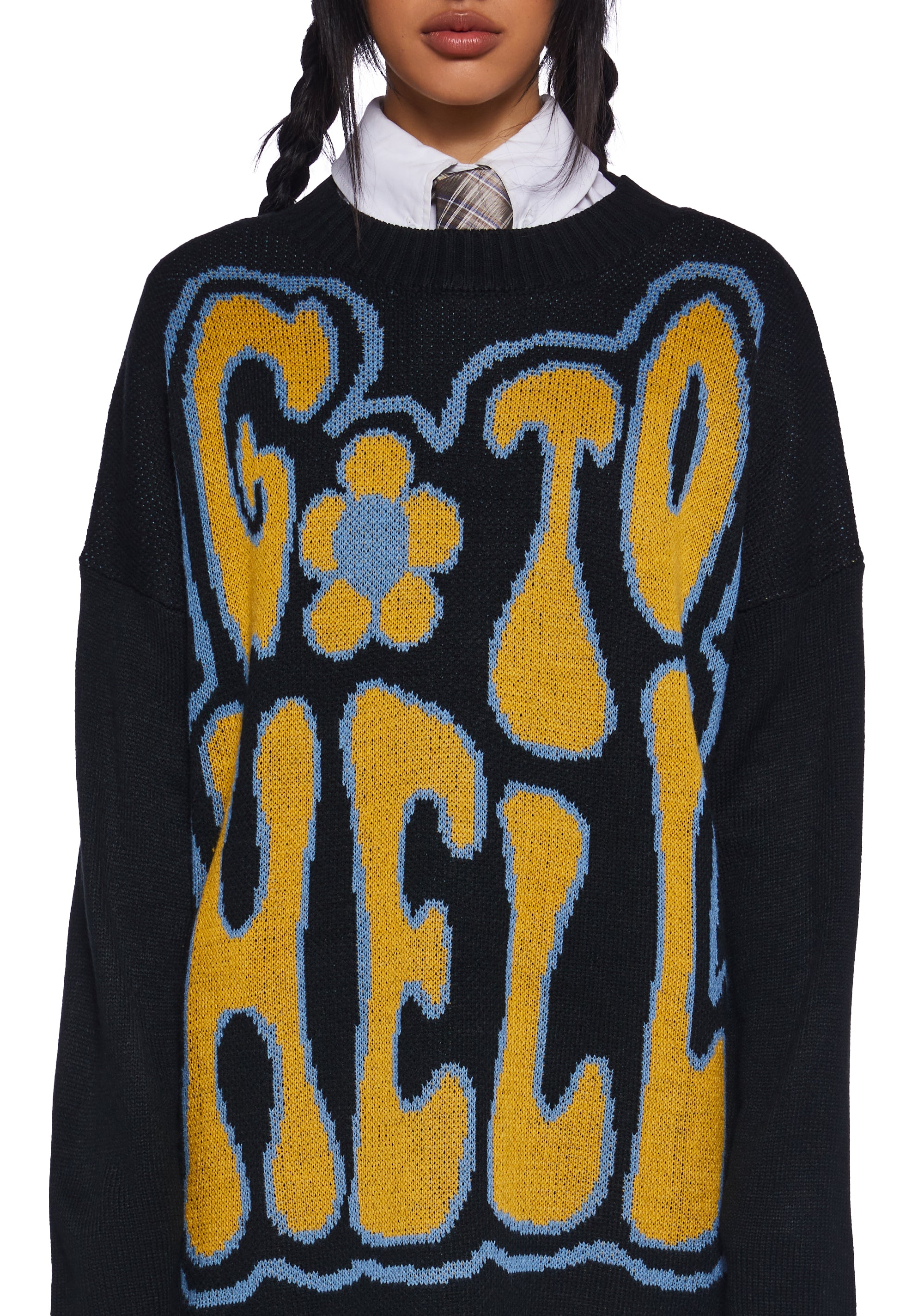 Current Mood Go To Hell Intarsia Graphic Oversized Knit Sweater