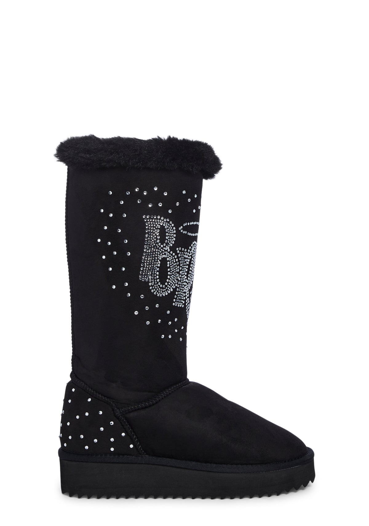 Dolls Kill X Bratz Rhinestone Logo Faux Fur Boot Slippers Black
