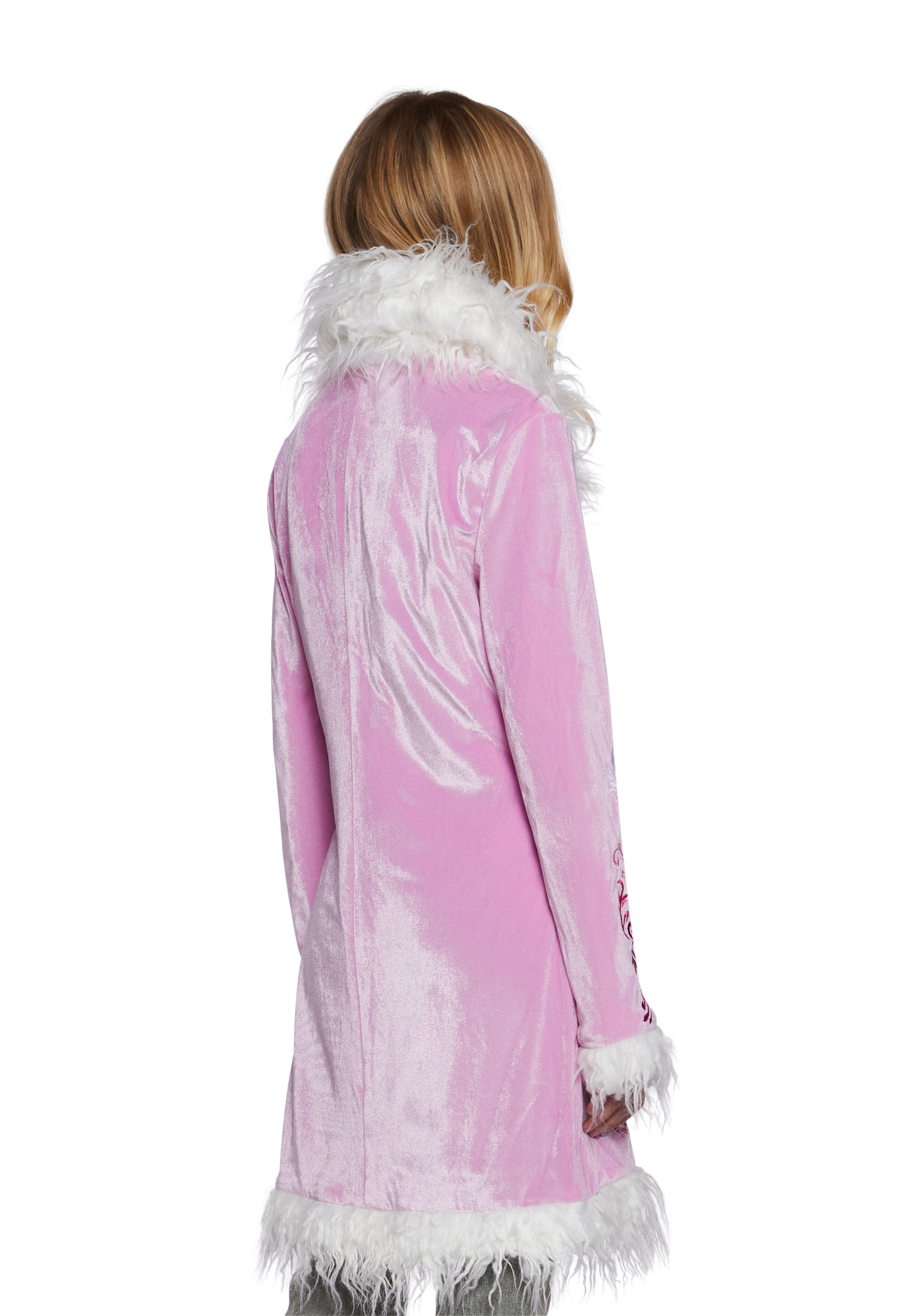Sugar Thrillz Embroidered Velvet Coat With Fur Trim - Pink Sugar Thrillz Embroidered Velvet Coat With Fur Trim - Pink