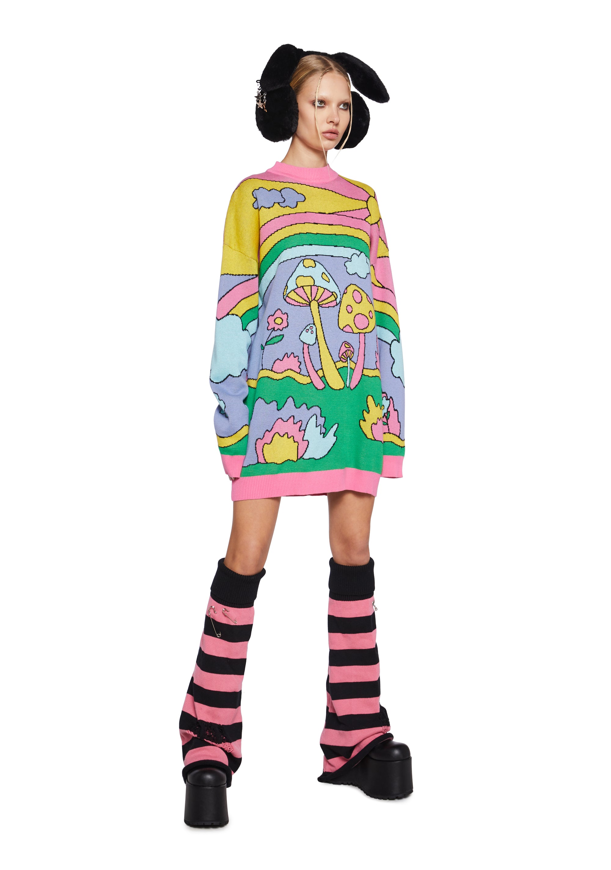 Current Mood Colorful Mushroom Rainbow Oversized Sweater Rainbow Multi Dolls Kill