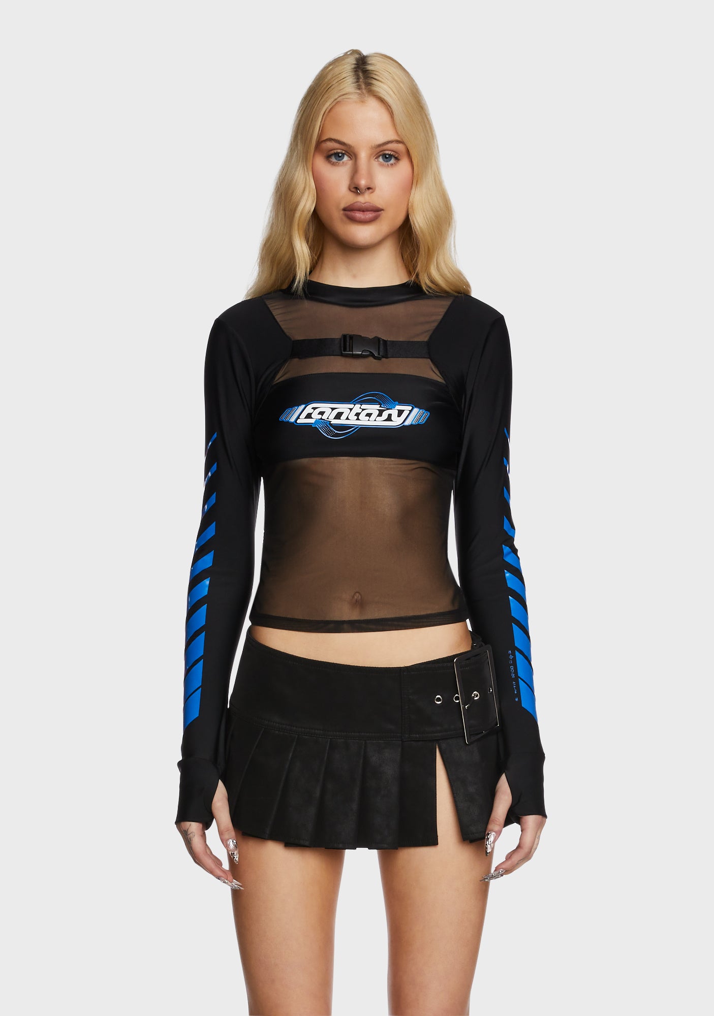 Poster Grl Graphic Long Sleeve Buckle Neck Mesh Top Blue Black | XX-Small