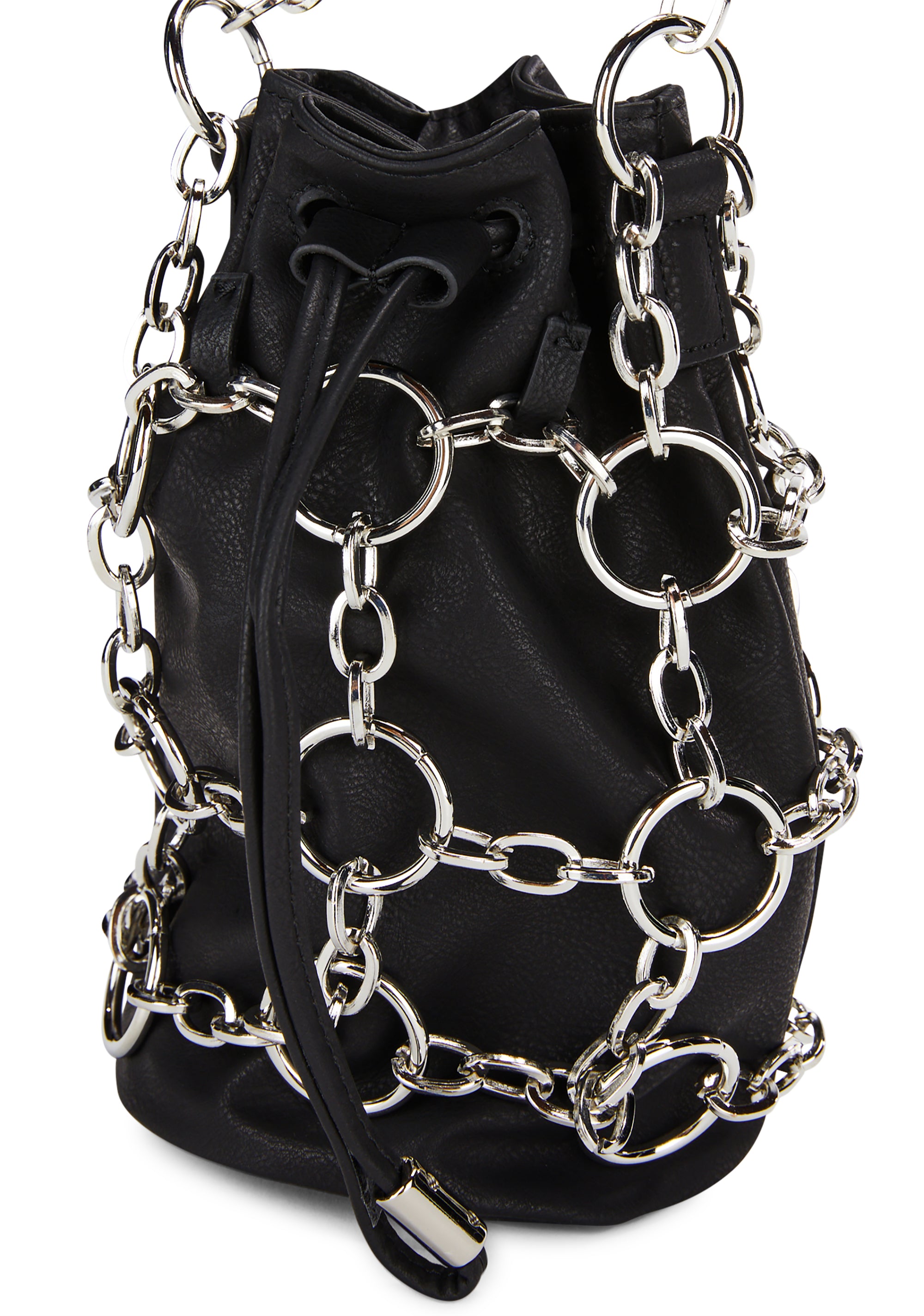 Poster Grl Vegan Leather Drawstring O Ring Chain Bucket Bag Black Dolls Kill
