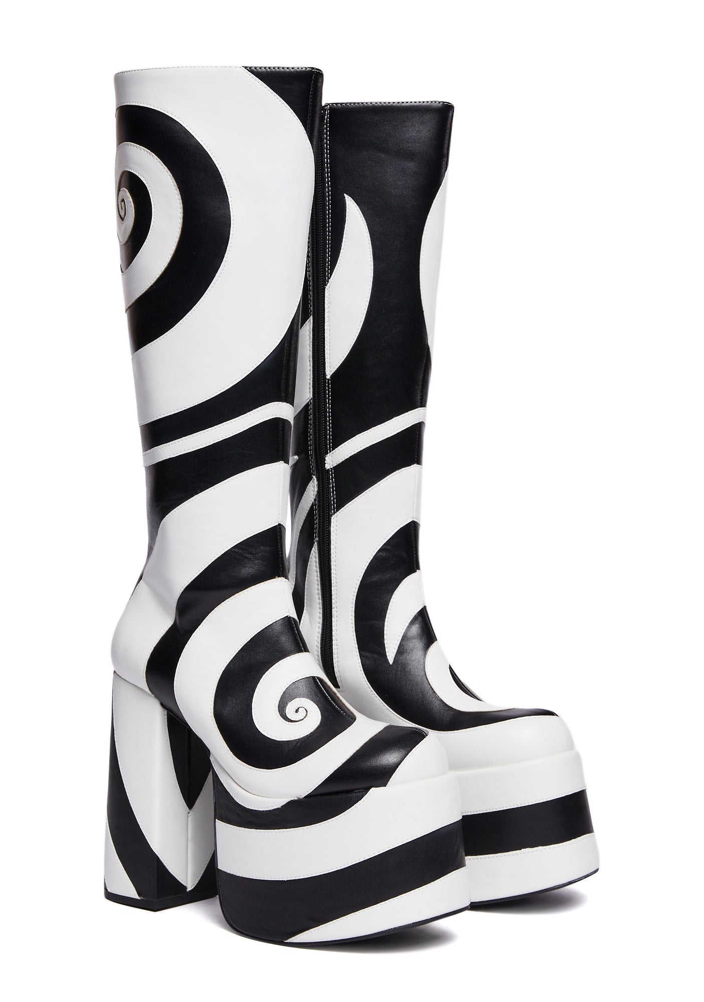 Current Mood Swirl Applique Knee High Platform Boots Black White Dolls Kill