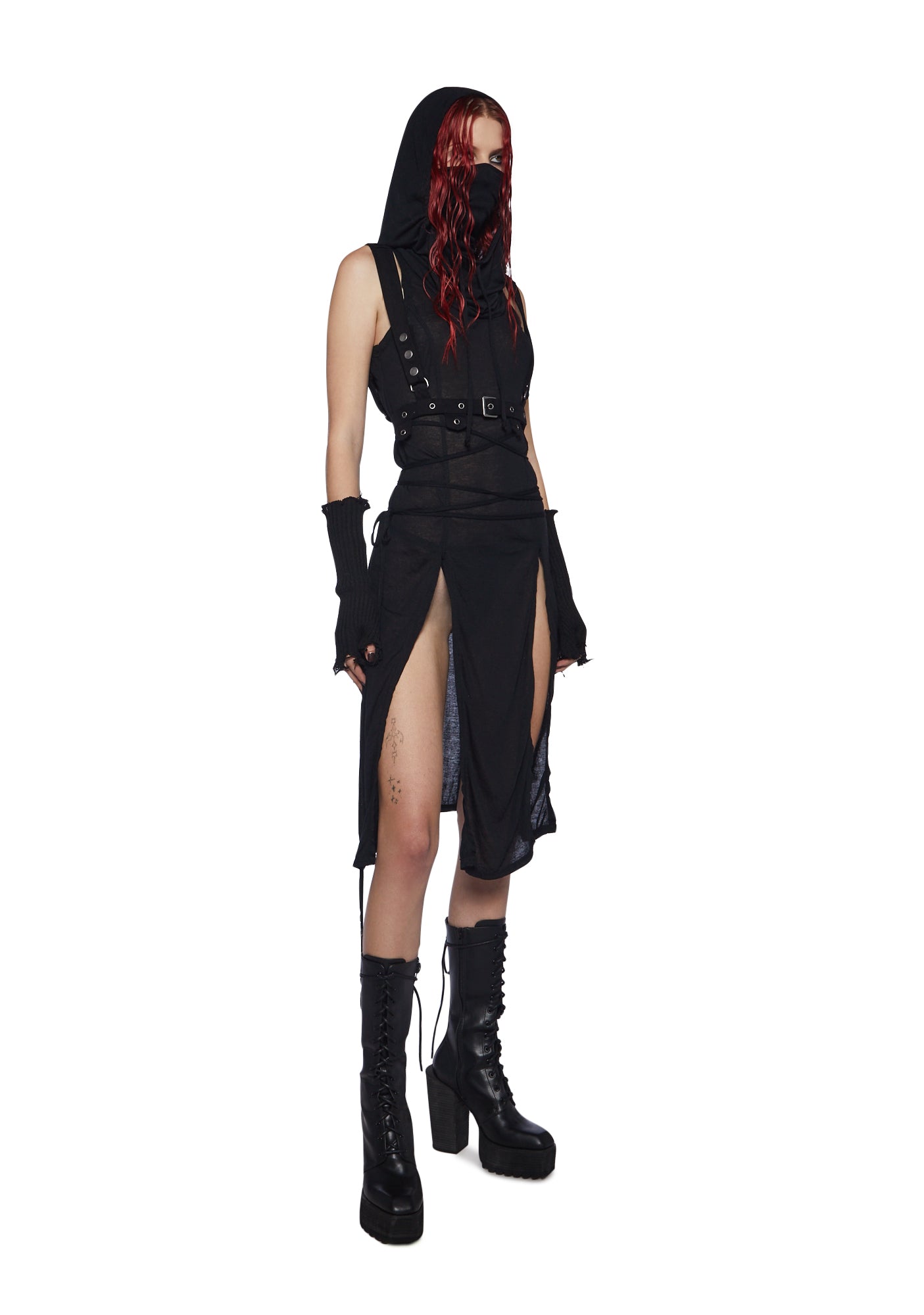 Darker Wavs High Slit Hooded Jersey Tunic Dress - Black