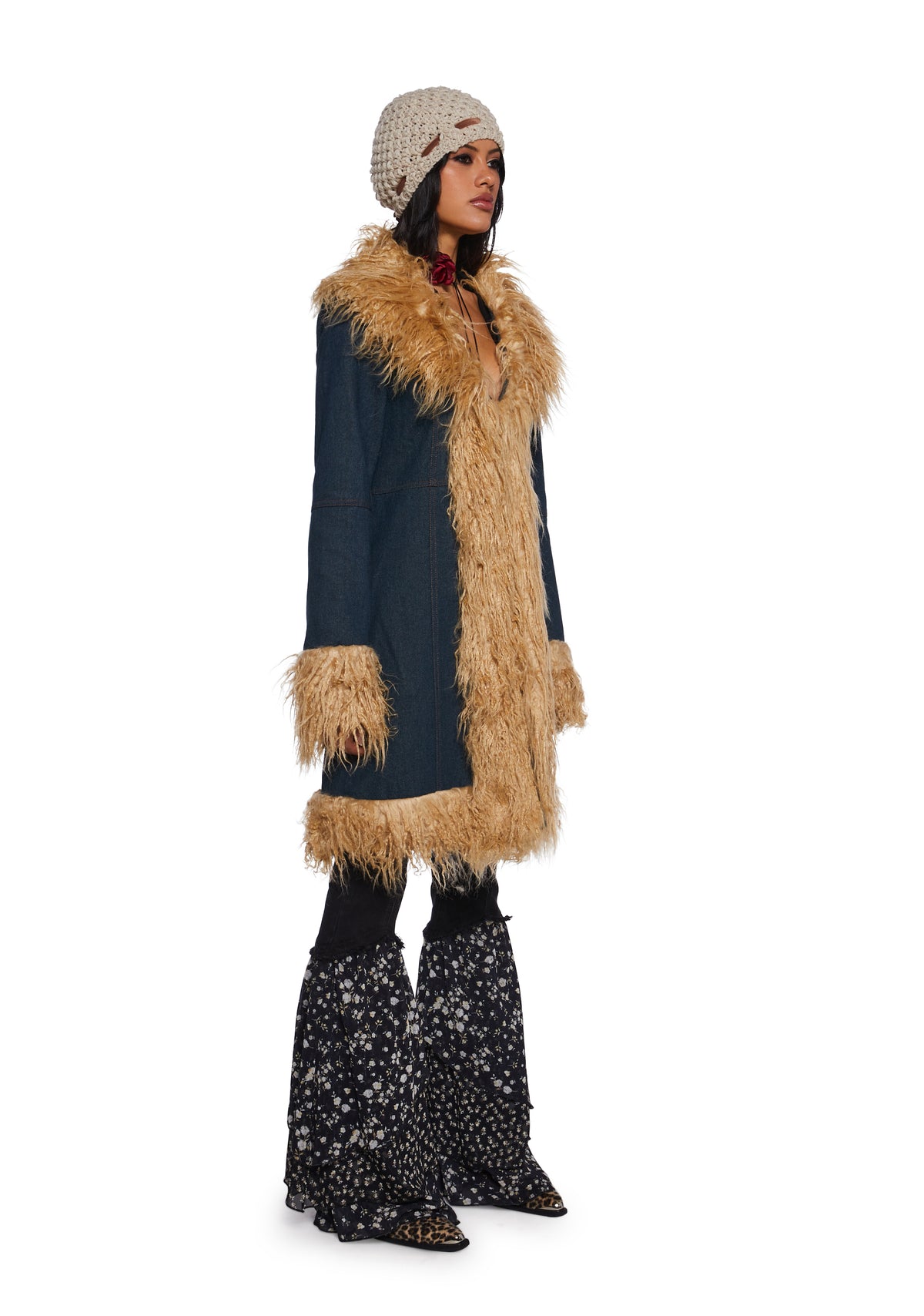 Current Mood Faux Fur Trim Denim Long Trench Coat – Dolls Kill