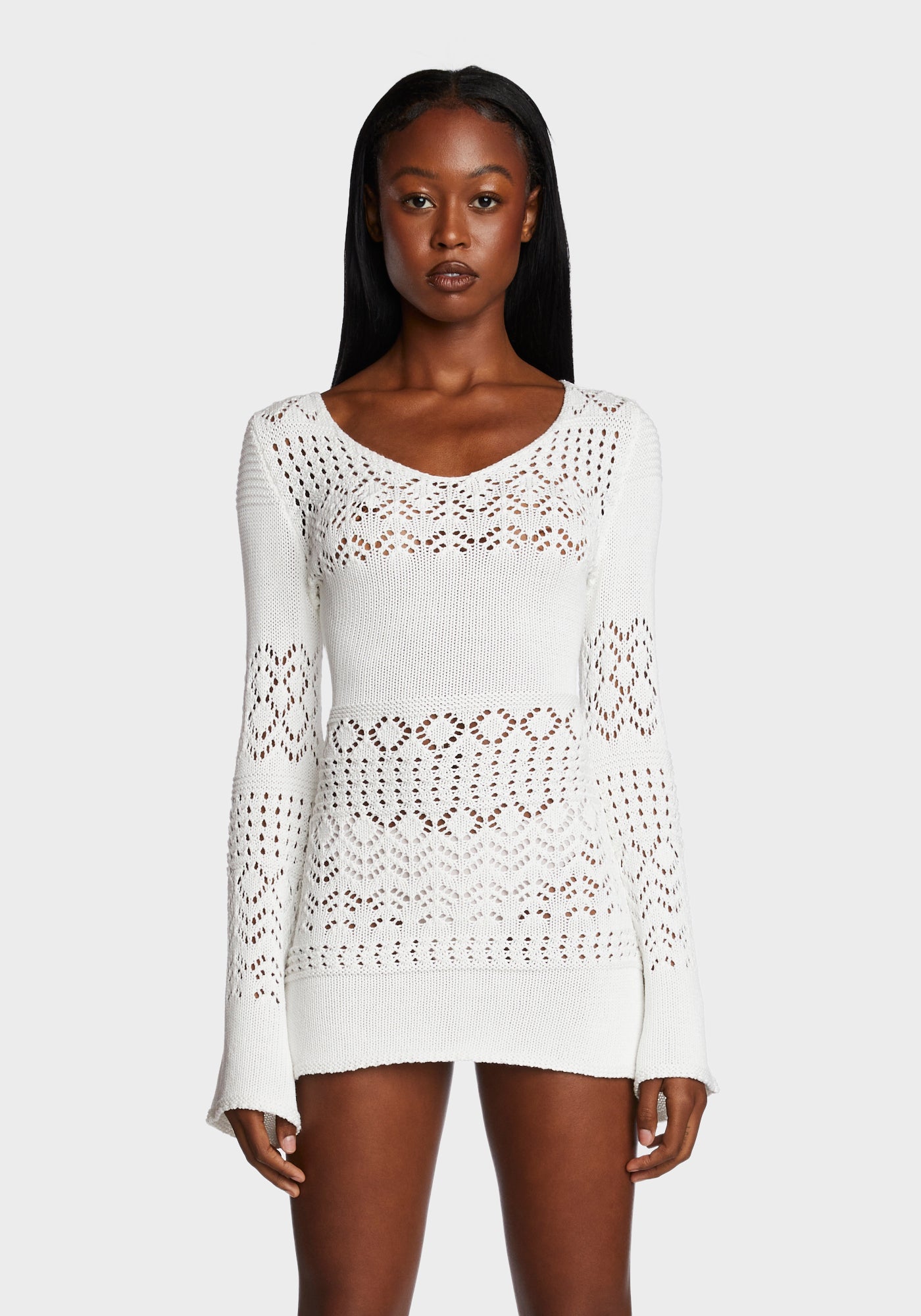 Sugar Thrillz Crochet Knit Bell Sleeve Mini Dress - White