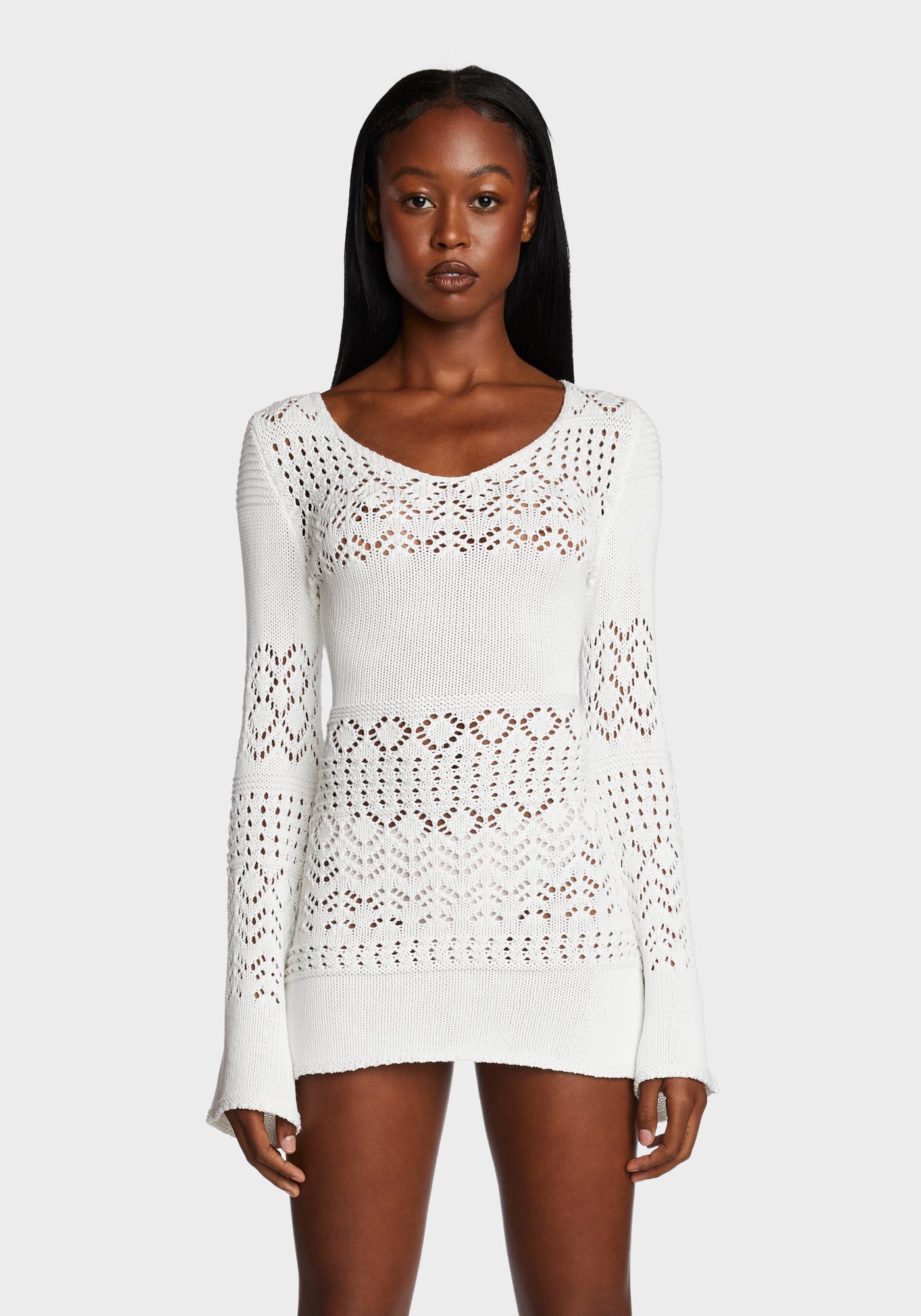 Sugar Thrillz Crochet Knit Bell Sleeve Mini Dress