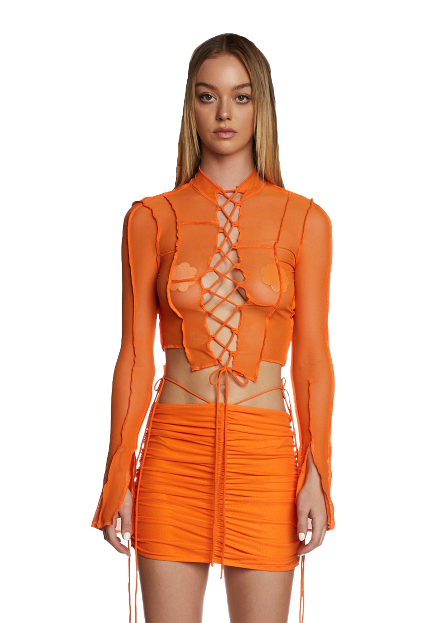Poster Grl Ruched Mesh Lace Up Top And Skirt Set - Orange – Dolls Kill