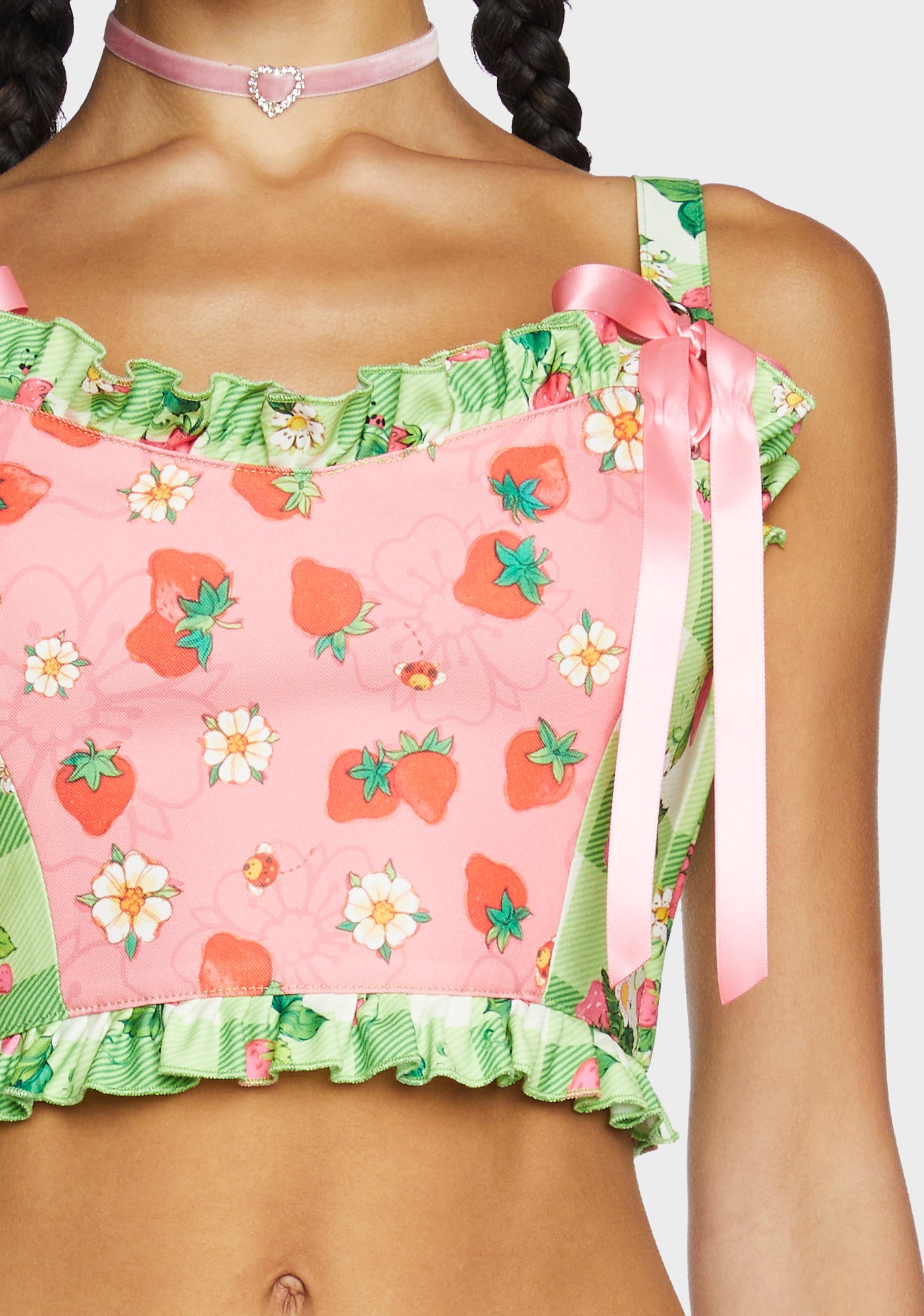 Dolls Kill X Strawberry Shortcake Mix And Match Ruffled Corset Top Green/Pink