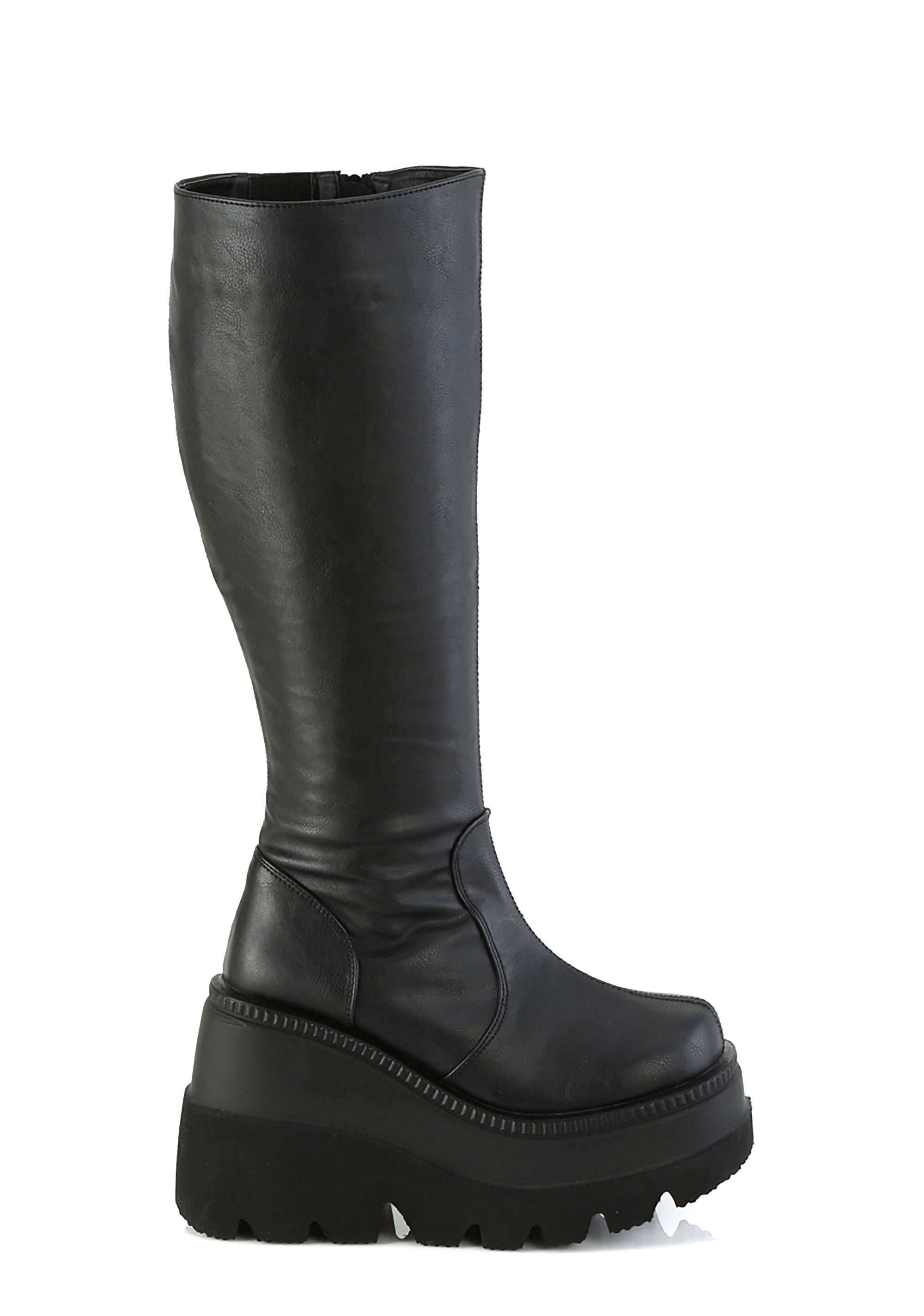 Demonia Wide Calf Wedge Platform Knee High Boots Black – Dolls Kill