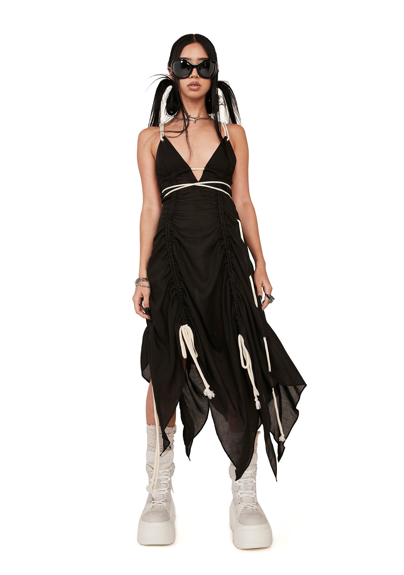 Darker Wavs Ruched Midi Dress With Contrast Rope - Black Dolls Kill Darker Wavs Ruched Midi Dress With Contrast Rope - Black Dolls Kill